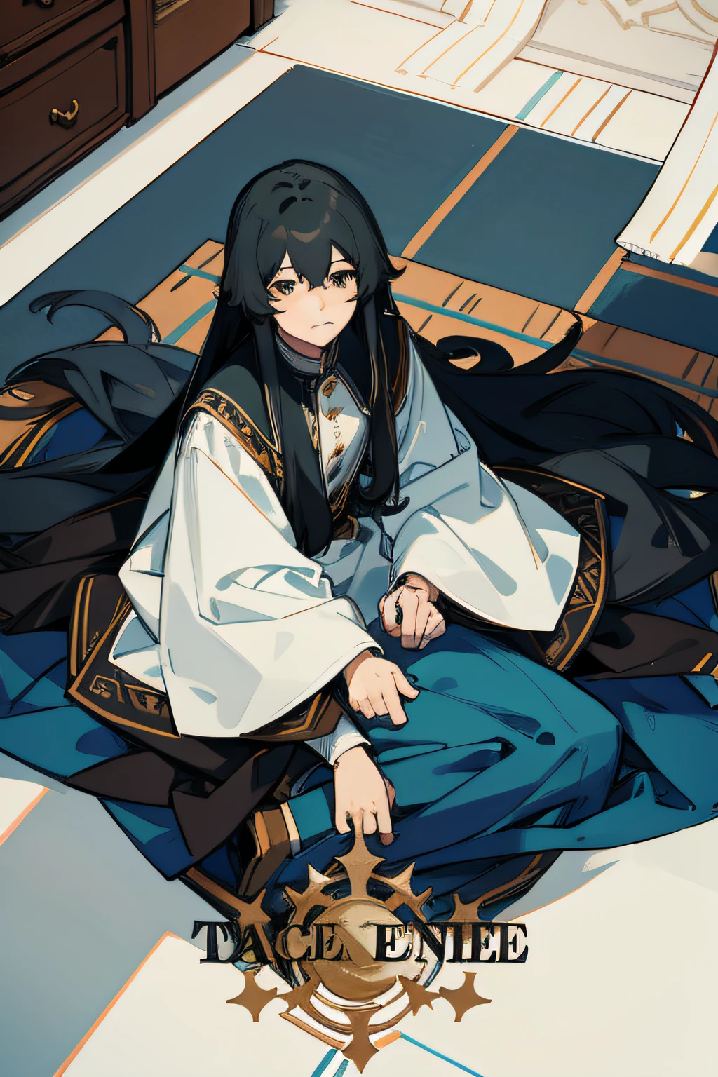 man with black long hair sitting on the floor seen from above