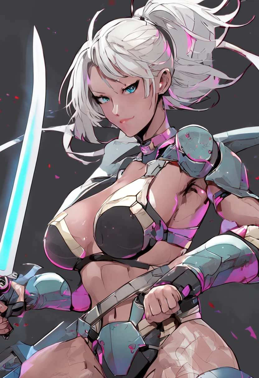 A large number of people。Female swordsmen of Japan fighting naked、Curvy and agitated female swordsman hides areola and pubic hair in a small two-piece micro bikini with high reflectivity due to aluminum vapor deposition。There is no cloth on the abdomen and the navel can be seen、The exposed part is the color of the skin。She fights a robot soldier with a Japanese sword in each hand。cidades: Londres。Robot soldier、Robot soldier、Robot soldier、NSFW