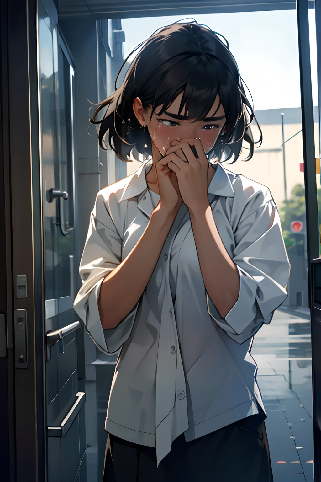 masterpiece, best quality,8k resolution,realistic,
1 girl, Crying, girl wiping glass