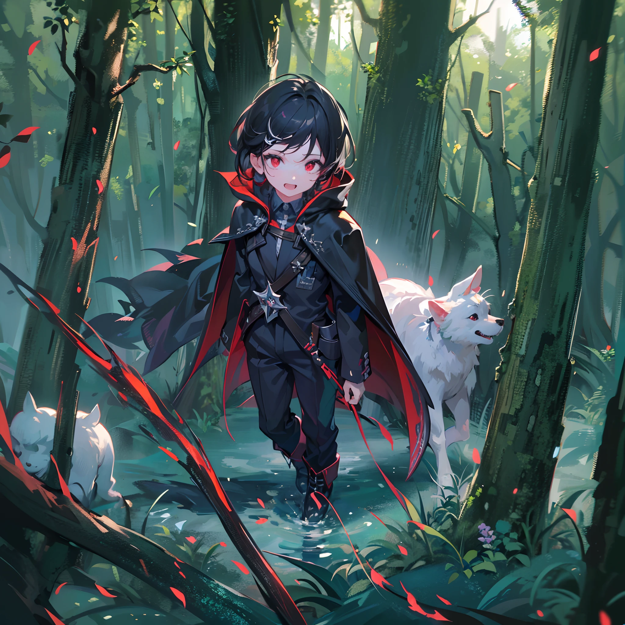 ((top-quality)), ((masterpiece)), ((ultra-detailliert)),(8k wallpaper:1.2),(Ultra-high resolution:1.2),(masterpiece:1.1),wallpaper,High quality,masterpiece,(High detail),1boy, white-ish black hair, two-toned hair,deep red eyes, vampire,sharp canine teeth, vampire teeth, wearing a black cloak,blue moon in the background, standing out in the forest , absolutely stunning art, extremely detailed, highest quality digital art, highest resolution, HD quality, wallpaper 8k