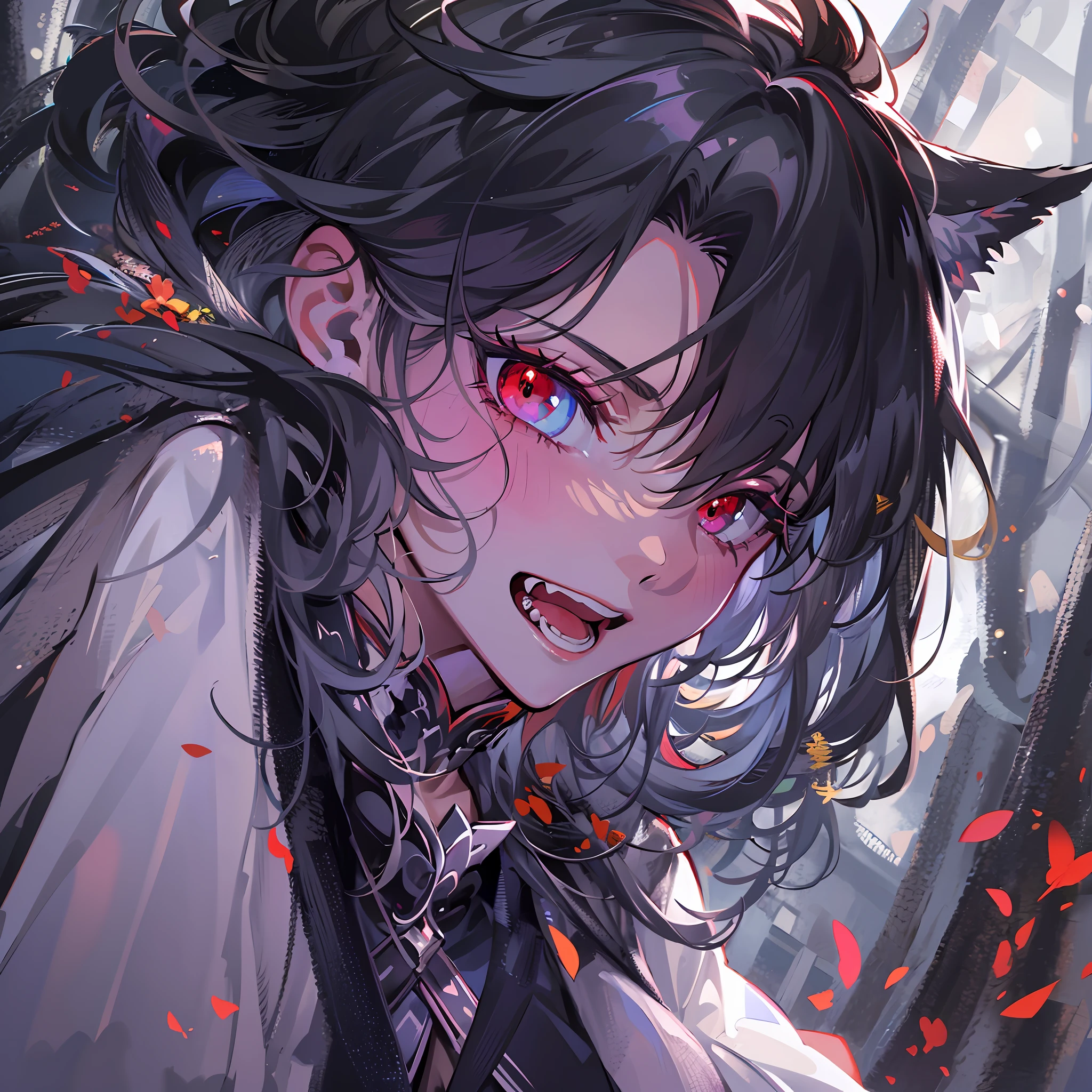 ((top-quality)), ((masterpiece)), ((ultra-detailliert)),(8k wallpaper:1.2),(Ultra-high resolution:1.2),(masterpiece:1.1),wallpaper,High quality,masterpiece,(High detail),1boy, white-ish black hair, two-toned hair,deep red eyes, vampire,sharp canine teeth, vampire teeth, wearing a black cloak,blue moon in the background, standing out in the forest , absolutely stunning art, extremely detailed, highest quality digital art, highest resolution, HD quality, wallpaper 8k