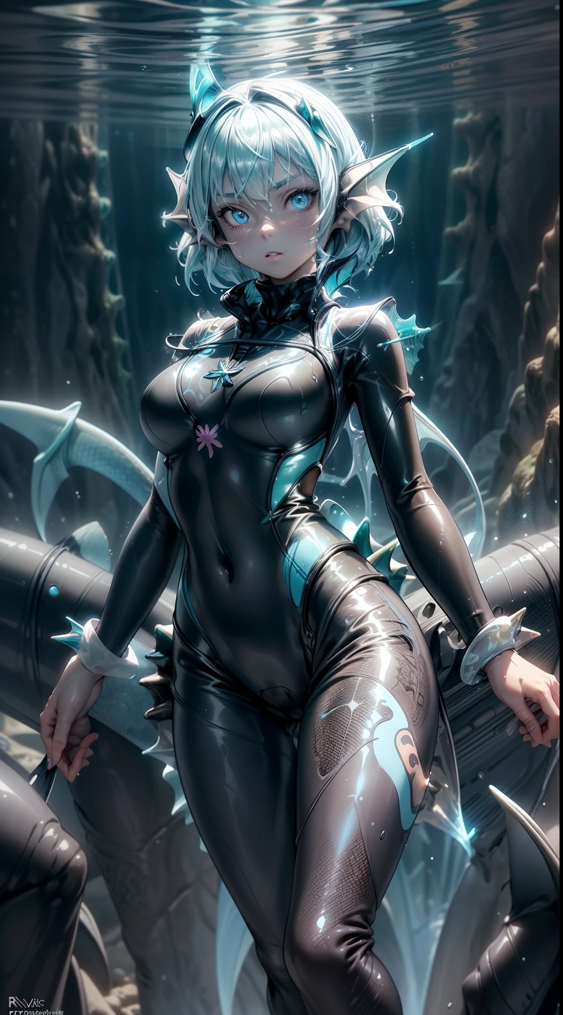 aqua {amphibia|fish|shark|reptile} girl, 1girl, perfect and well designed glowing shiny eyes, (beautiful detailed eyes:1.05), natural breasts, slim body, beautiful and delicate face, (face detail), ((realistic face)), pores, ((pale blue skin)), detailed skin, realistic skin, (((bioluminescence))), (((white-skinned))), ((shiny skin)), ((glowing speckles on skin)), (pointy ears), (fins:1.7), (spikes:1.5), (multicolored gradation skin), ((((blue scales body)))), human face, ((monster girl)), medium length hair, hair voluminous, (((((multicolored gradation hair))))), super high resolution, 8k, parameters Best quality, (masterpiece:1.4), (magic accessories:1.4), bracelets, extremely detailed thick tight nylon|lycra|latex|vynil ((wrap dress:1.2), (lycra kimono:0.4) ({wetsuit|bodysuit|swimsuit}, bikini:1.5)), ornaments, (neckline:1.3), (cleavage), decolette, navel, Young Girl, Little Beast, (Smile:0.7), (pale Blue Skin:1.2), ((tattoos all over body, Tribal tattoos all over legs)), ultra detailed, photorealistic, ((Real image)), (best quality:1.4), super high resolution, (Realistic 2.0), More details, (full body portrait), (((1girl))), (deep sea, beach, underwater), (beautiful and aesthetic:1.2), (fractal art:1.4), (cinematic light:1.1), DUTCH ANGLE, 16K, HDR, RTX, Ray Tracing, Radiosity, Anisotropic Filtering, Subsurface Scattering, (((magic lights))), metallic reflections, Detailed, Realistic, 4k highly detailed digital art, (cool_color), extremely detailed CG unity 8k wallpaper, vibrant colors