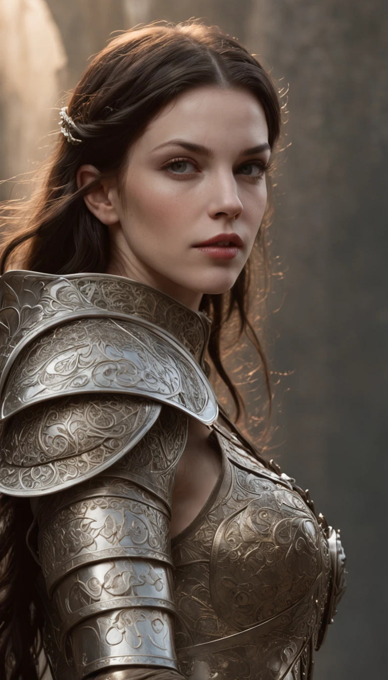 Bela pintura perfeita da Liv Tyler como uma guerreira elfa feminina, cabelos longos e disformes, perfect features, (wearing extremely ornate elven armor), beleza abstrata, near perfection, forma pura, dynamic pose, ethereal background, (sombras escuras profundas), (Strong cinematic lighting), (back lighting), arte conceitual por Greg Rutkowski e John William Waterhouse e Alphonse Mucha, detalhes impressionantes, detalhes intrincados, 8K post-production, high resolution, super detalhes, trending on ArtStation, foco nítido, profundidade de campo f/1.8, studio photos, (((Looking at camera))).