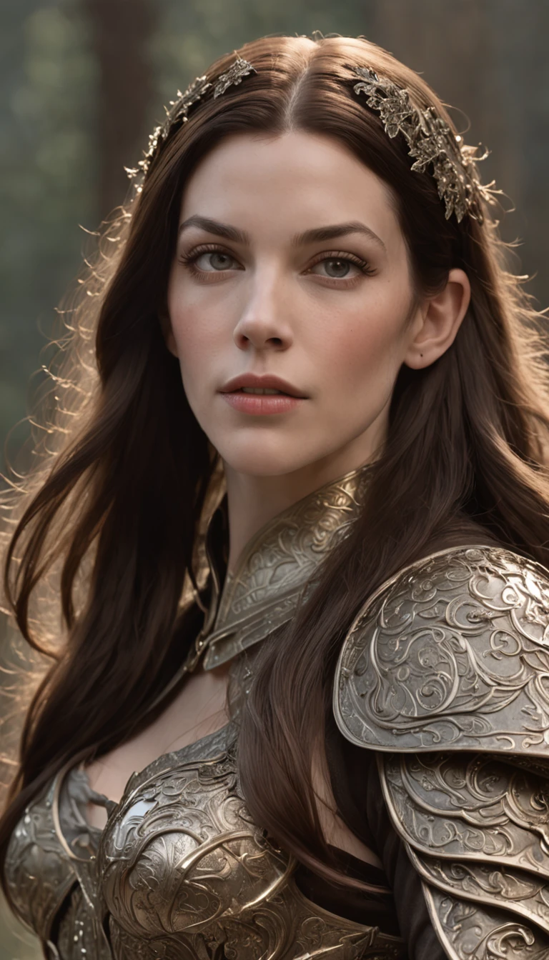Bela pintura perfeita da Liv Tyler como uma guerreira elfa feminina, cabelos longos e disformes, perfect features, (wearing extremely ornate elven armor), beleza abstrata, near perfection, forma pura, dynamic pose, ethereal background, (sombras escuras profundas), (Strong cinematic lighting), (back lighting), arte conceitual por Greg Rutkowski e John William Waterhouse e Alphonse Mucha, detalhes impressionantes, detalhes intrincados, 8K post-production, high resolution, super detalhes, trending on ArtStation, foco nítido, profundidade de campo f/1.8, studio photos, (((Looking at camera))).