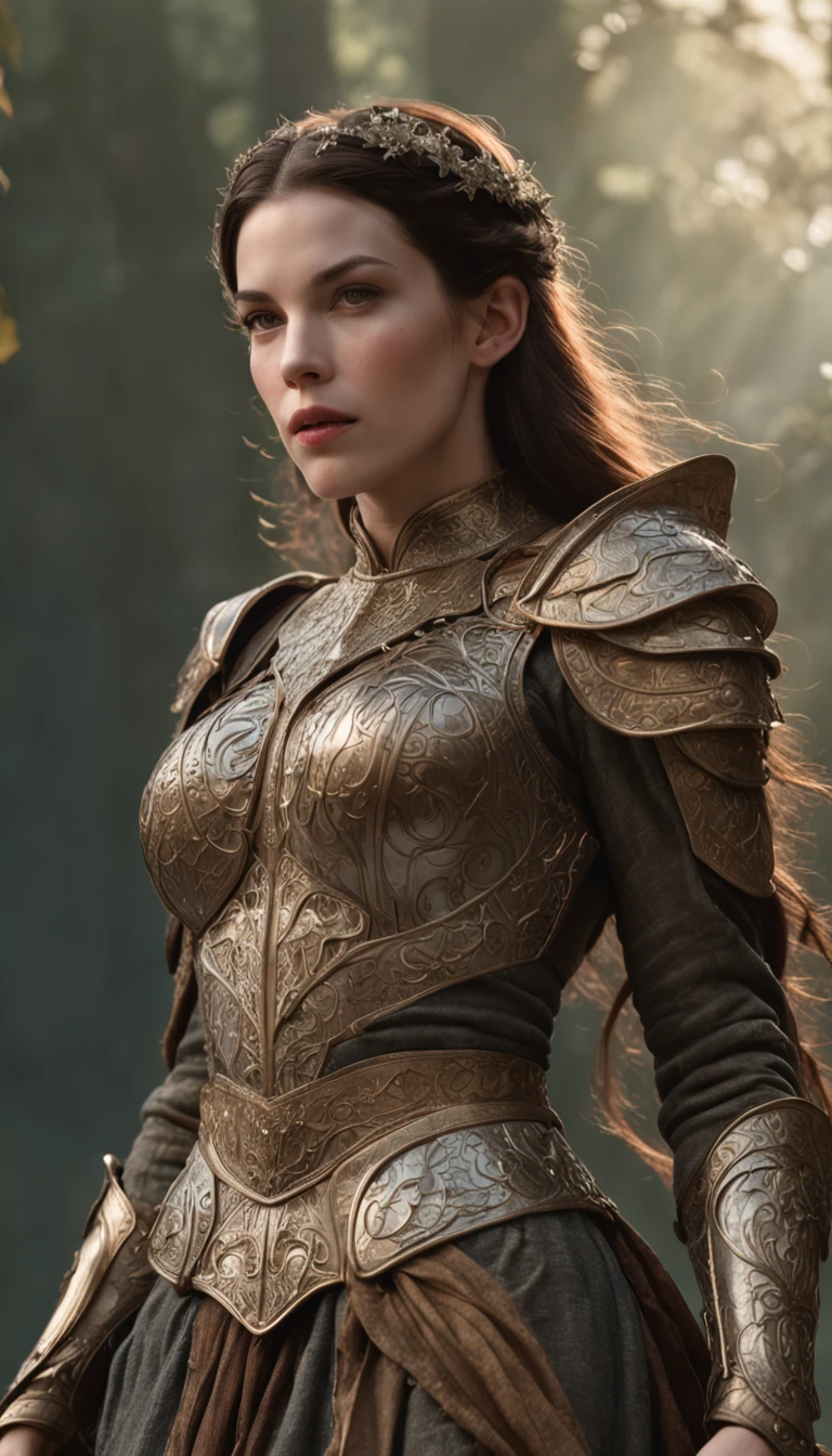 Bela pintura perfeita da Liv Tyler como uma guerreira elfa feminina, cabelos longos e disformes, perfect features, (wearing extremely ornate elven armor), beleza abstrata, near perfection, forma pura, dynamic pose, ethereal background, (sombras escuras profundas), (Strong cinematic lighting), (back lighting), arte conceitual por Greg Rutkowski e John William Waterhouse e Alphonse Mucha, detalhes impressionantes, detalhes intrincados, 8K post-production, high resolution, super detalhes, trending on ArtStation, foco nítido, profundidade de campo f/1.8, studio photos, (((Looking at camera))).