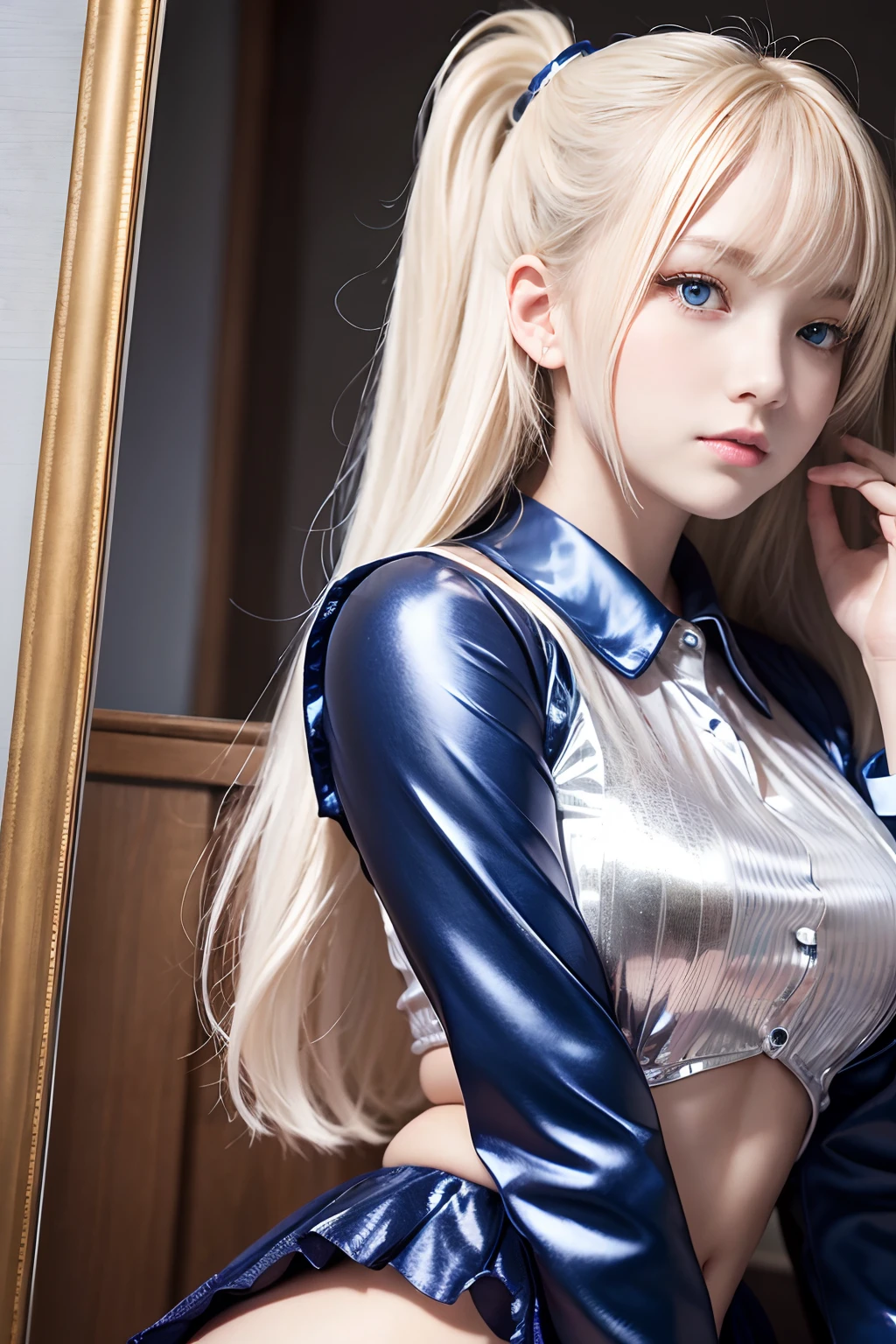 portlate、School Uniforms、bright expression、poneyTail、Young shiny shiny white shiny skin、Best Looks、Blonde reflected light、Platinum blonde hair with dazzling highlights、shiny light hair,、Super long silky straight hair、Beautiful bangs that shine、Glowing crystal clear attractive big blue eyes、Very beautiful nice cute girl、Lush bust、Healthy skin、