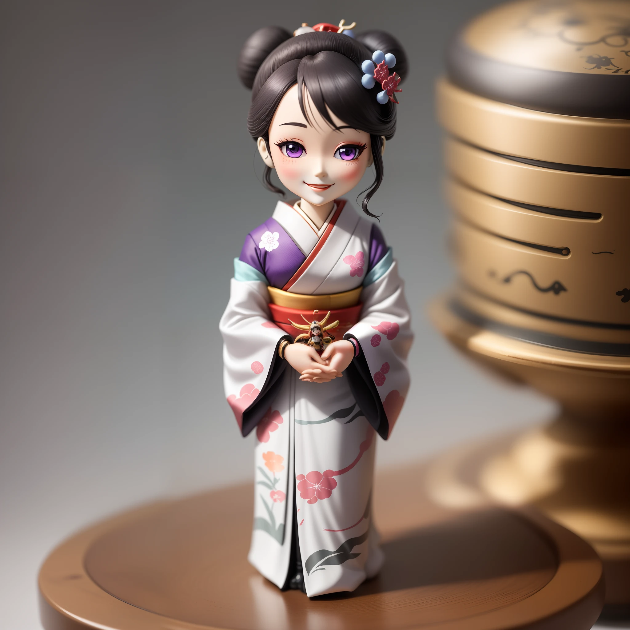 A small anime doll, Depiction of geisha, Inside the blind box, Place on a small pedestal, On a clean white background, Artificial light lighting. The artwork is of top-notch photographic quality, Capture every intricate detail of anime dolls.Purple smile