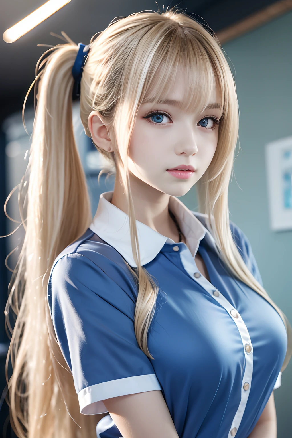 portlate、School Uniforms、bright expression、poneyTail、Young shiny shiny white shiny skin、Best Looks、Blonde reflected light、Platinum blonde hair with dazzling highlights、shiny light hair,、Super long silky straight hair、Beautiful bangs that shine、Glowing crystal clear attractive big blue eyes、Very beautiful nice cute girl、Lush bust、Healthy skin、