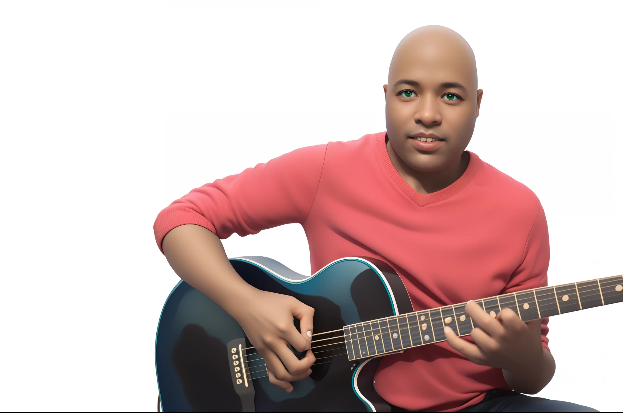 "several people playing guitar, Green landscape with blue sky, cores vibrantes"