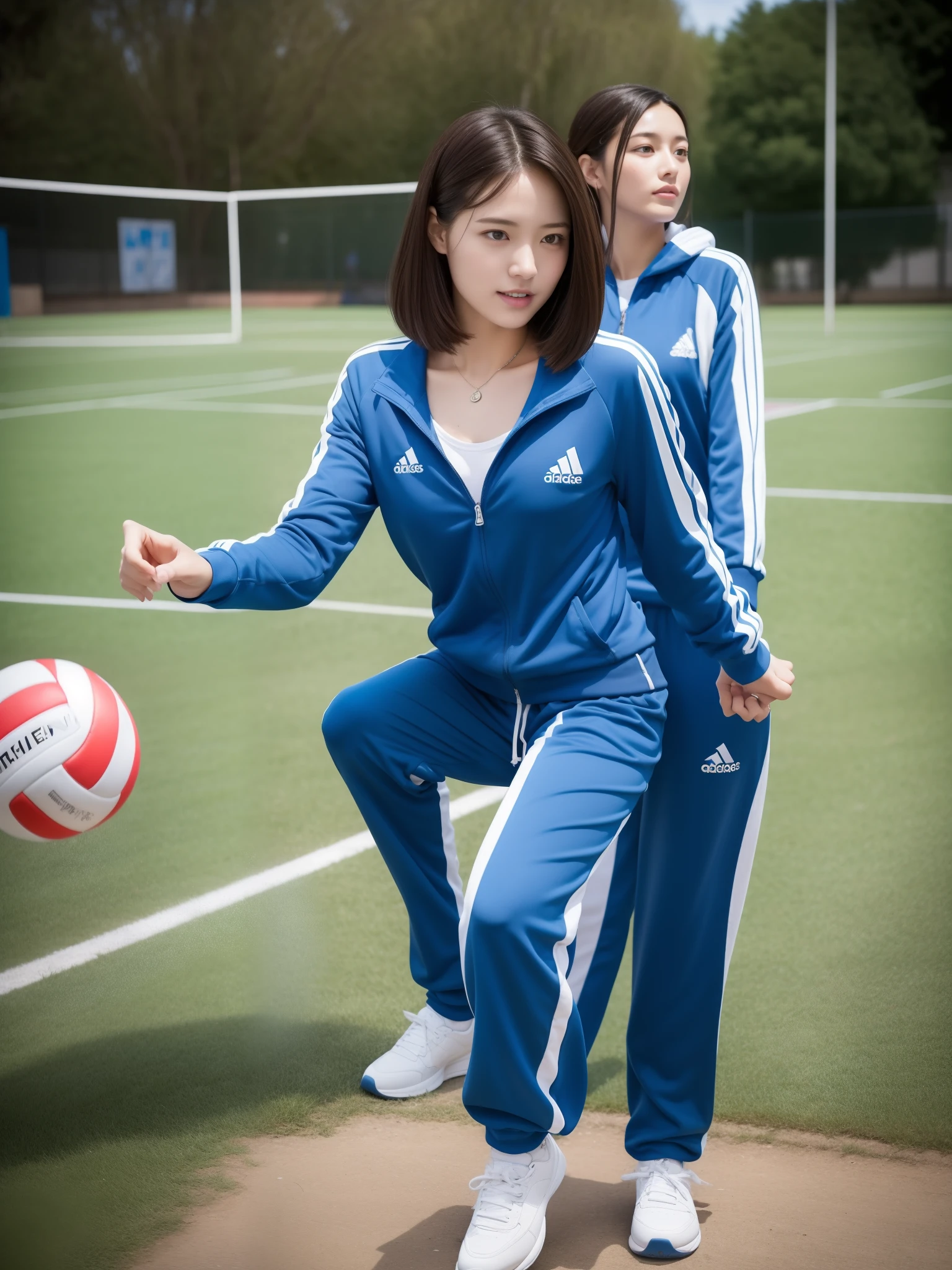 1 very beautiful female high school student,Wear blue and white tracksuits,Play volleyball on the school playground,Super high value,perfect body figure,Beautiful ultra-short hair,Delicate hair,Fair face and skin,There are beads of sweat hanging down,Have fun on the playground,The breasts are full and huge:1.5,Chest hyperexcion,The tracksuit on the chest is high and bulging, Tightness and bulging,Delicate fair and soft toes,detailed finger,Detailed sneakers,fully body photo