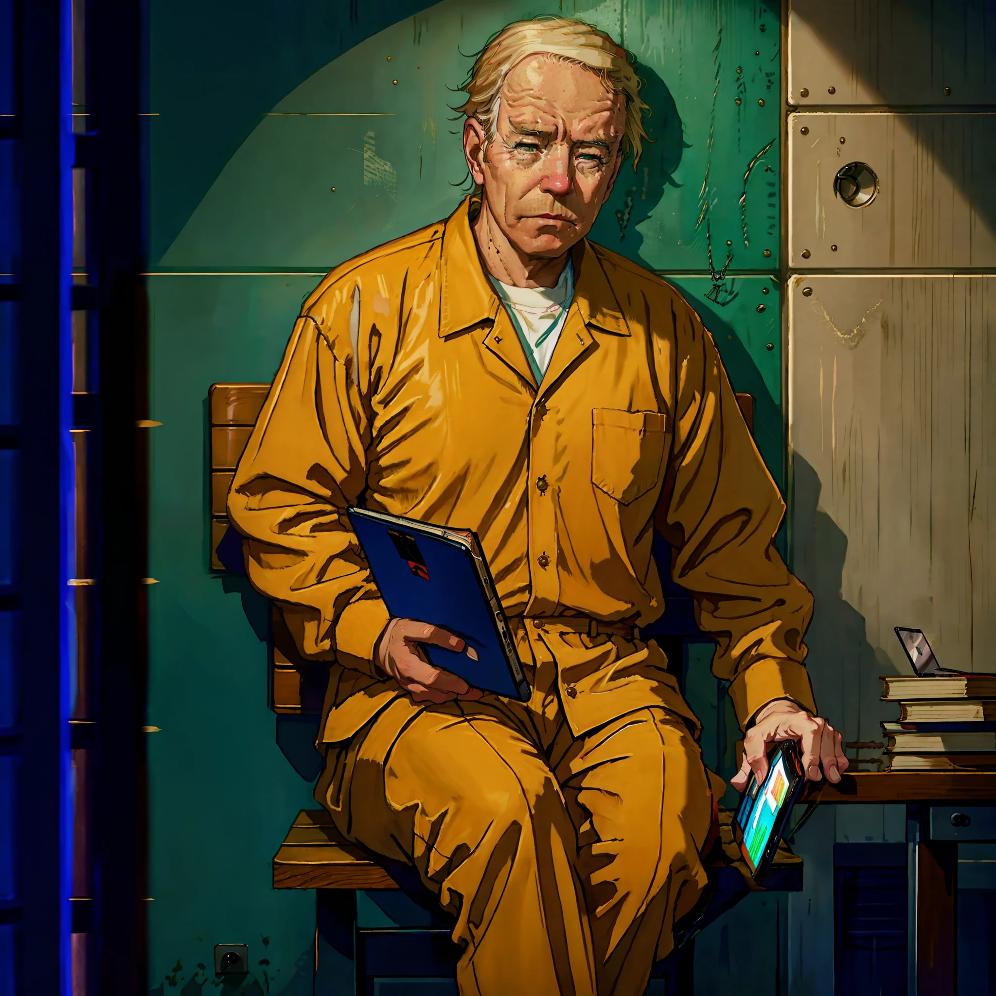 arafed man in orange prison uniform sitting on bench reading a book, sitting in a prison, sitting in a dark prison cell, donald trump in prison, film still of joe biden, in a prison cell, in prison, in jail, prisoner, candid portrait of joe biden, sad prisoner holding ipad, in a small prison cell, donald trump in jail