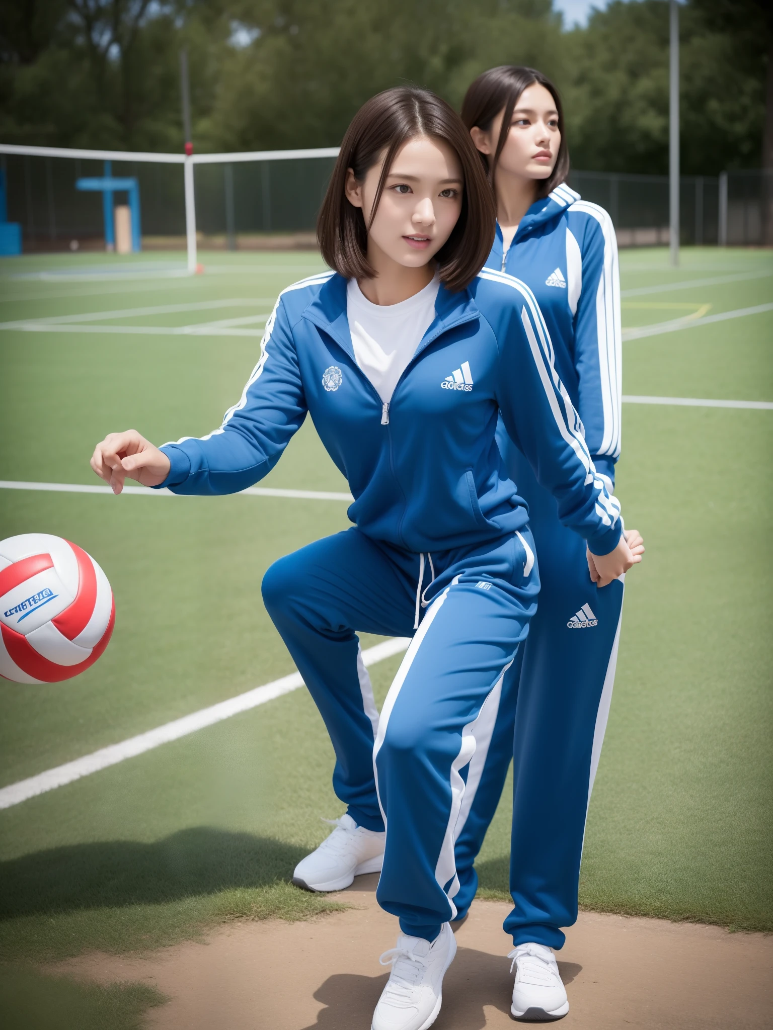 1 very beautiful female high school student，Wear blue and white tracksuits，Play volleyball on the school playground，Super high value，perfect body figure，Beautiful ultra-short hair，Delicate hair，Fair face and skin，There are beads of sweat hanging down，Have fun on the playground，The breasts are full and huge:1.5，Chest hyperexcion，The tracksuit on the chest is high and bulging, Tightness and bulging，Delicate fair and soft toes，detailed finger，Detailed sneakers，fully body photo