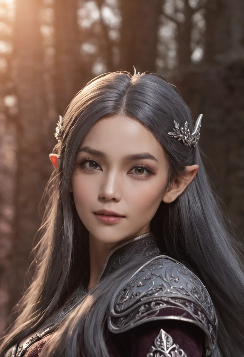 a sorceress, asian eyes, long dark straight hair, elven character with smirk, female elf, with very highly detailed face, half elf woman, hyperdetailed fantasy character, female elfling, accurate detailed face, sorcerer, dark skin, grey skin, grey skin, grey skin, in a beautiful snowy background, sunset, 4k, bloom, masterpiece, baldur's gate, black greyish skin, black greyish skinblack greyish skinblack greyish skinblack greyish skinblack greyish skinblack greyish skinblack greyish skin