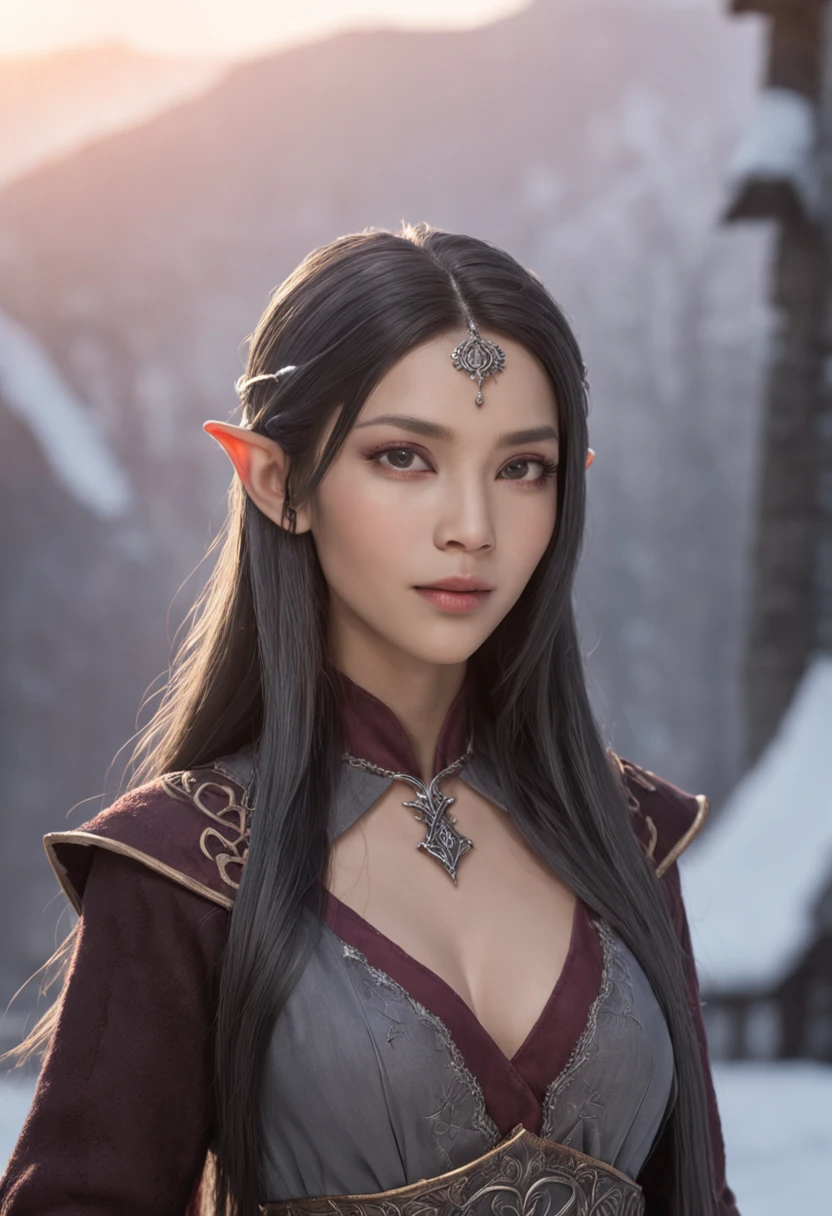 a sorceress, asian eyes, long dark straight hair, elven character with smirk, female elf, with very highly detailed face, half elf woman, hyperdetailed fantasy character, female elfling, accurate detailed face, sorcerer, dark skin, grey skin, grey skin, grey skin, in a beautiful snowy background, sunset, 4k, bloom, masterpiece, baldur's gate, black greyish skin, black greyish skinblack greyish skinblack greyish skinblack greyish skinblack greyish skinblack greyish skinblack greyish skin