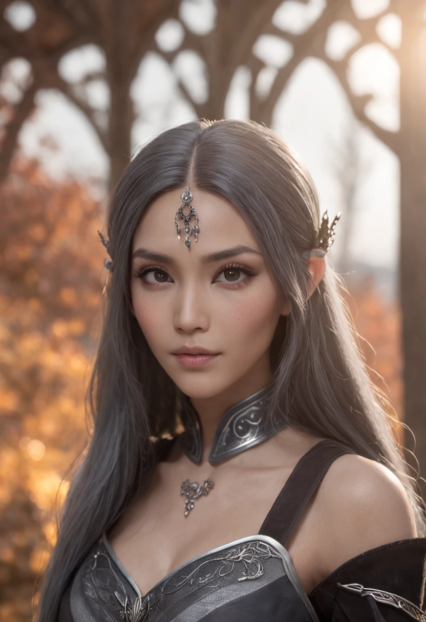 a sorceress, asian eyes, long dark straight hair, elven character with smirk, female elf, with very highly detailed face, half elf woman, hyperdetailed fantasy character, female elfling, accurate detailed face, sorcerer, dark skin, grey skin, grey skin, grey skin, in a beautiful snowy background, sunset, 4k, bloom, masterpiece, baldur's gate, black greyish skin, black greyish skinblack greyish skinblack greyish skinblack greyish skinblack greyish skinblack greyish skinblack greyish skin