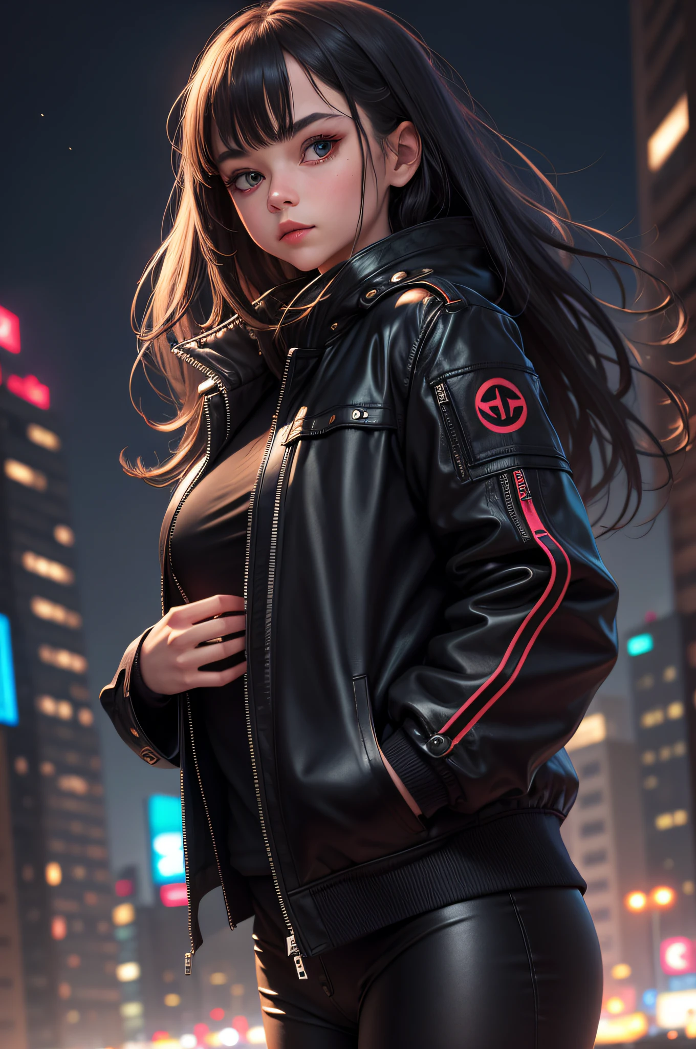 1 girl, night city, Sateen, black jacket, hands in pocket,