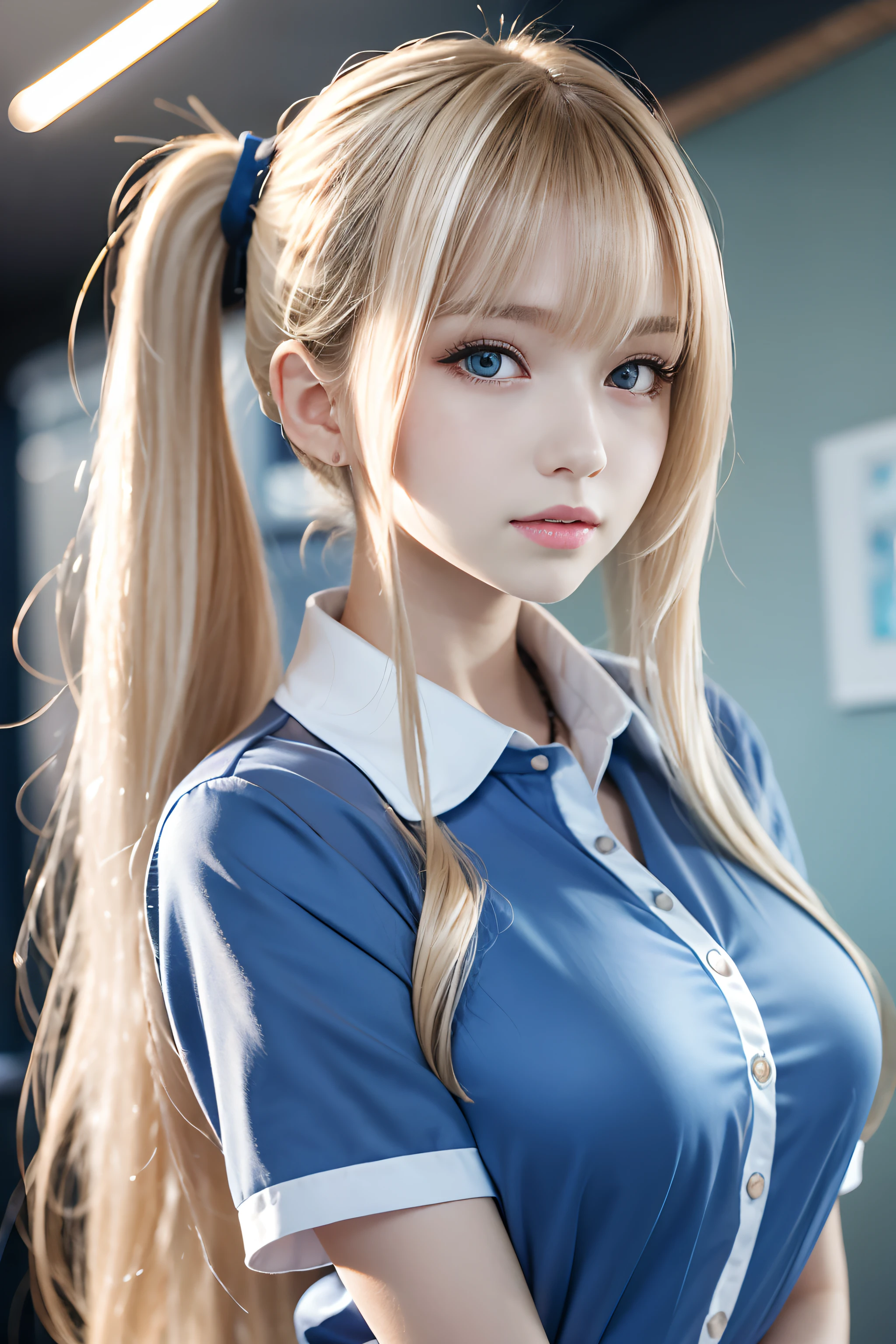 (Highest quality、8k、32K、masterpiece、Hmph:1.2)、(masterpiece, Highest quality), Realistic photos, high school girl、16 years old、Twin tails、Instagram, Bright colors, High Dynamic Contrast, Slender figure、thin、Small, shapely breasts、One girl, ((Blonde)), Purple eyes, Lips parted, blush, compensate, A light smile, Red tie、White short-sleeved shirt、sexy、Red exy、Sweat, Wet, light, Shine, Tight waist, (masterpiece), Pink Wallpaper,