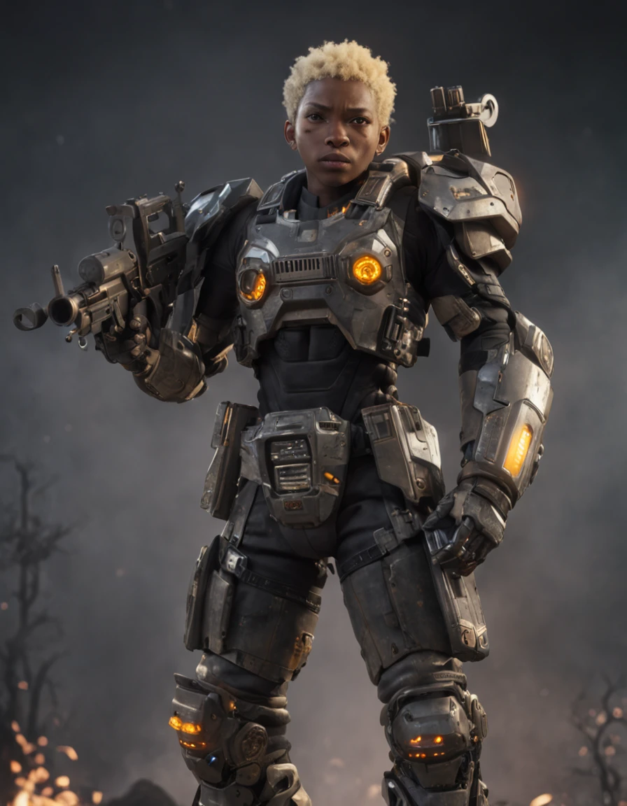 REALISTIC ANIME STYLE, JAPANESE ANIME, REAL ANIME, RAGE UNLEASHED, ANGRY, african american man cyborg soldier with chainsaw, BLONDE SHORT KINKY HAIR, glowing YELLOW eyes, CHAINSAW, heavy mecha armor, cybernetic, cyberpunk LUMBERJACK SHIRT, on planet venus, wasteland, apocalypse, barren venus planet, cinematic, volume lighting