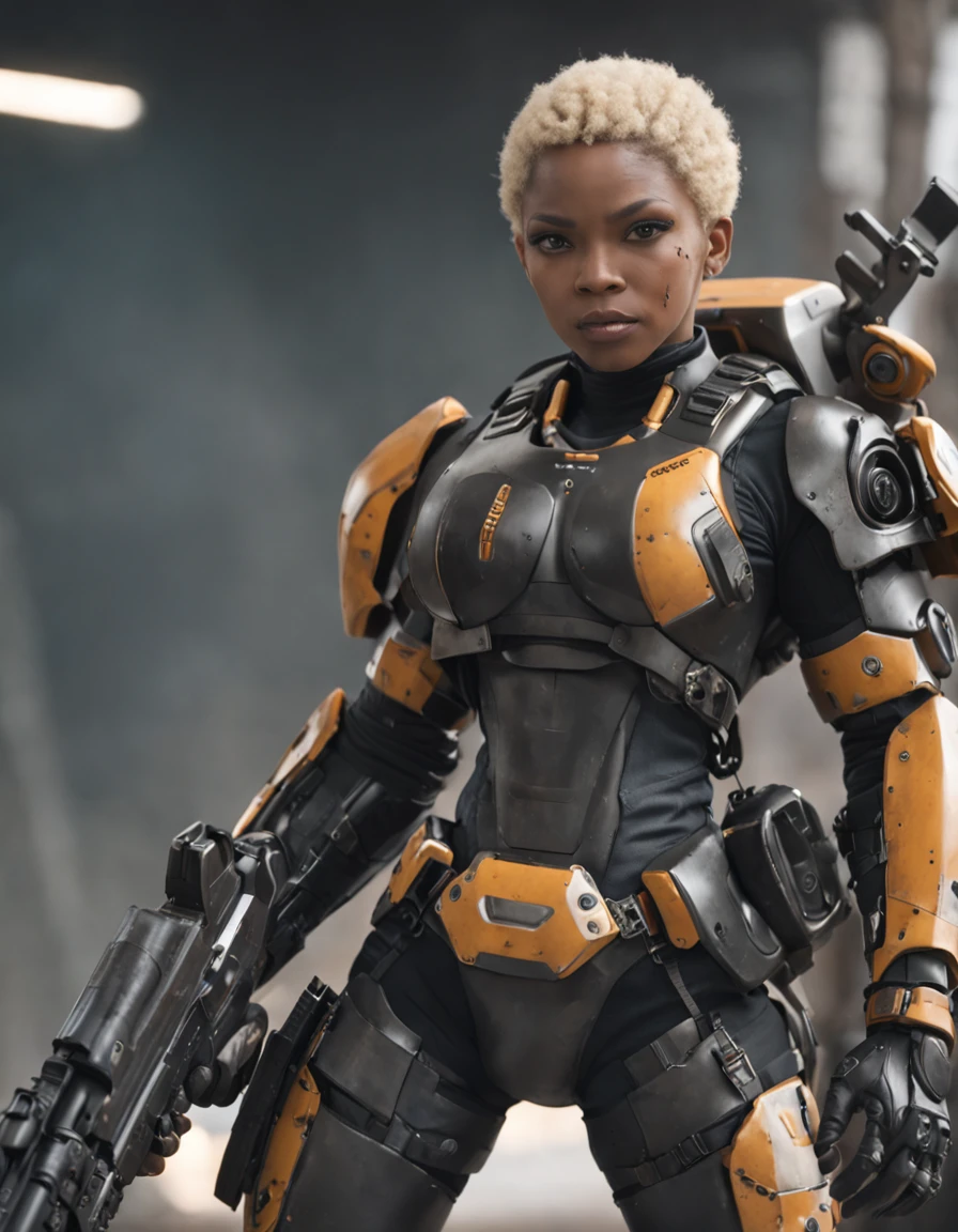 REALISTIC ANIME STYLE, JAPANESE ANIME, REAL ANIME, RAGE UNLEASHED, ANGRY, african american man cyborg soldier with chainsaw, BLONDE SHORT KINKY HAIR, glowing YELLOW eyes, CHAINSAW, heavy mecha armor, cybernetic, cyberpunk LUMBERJACK SHIRT, on planet venus, wasteland, apocalypse, barren venus planet, cinematic, volume lighting