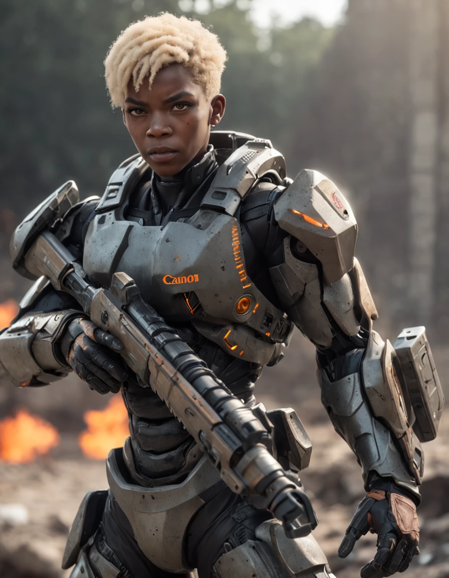 REALISTIC ANIME STYLE, JAPANESE ANIME, REAL ANIME, RAGE UNLEASHED, ANGRY, african american man cyborg soldier with chainsaw, BLONDE SHORT KINKY HAIR, glowing YELLOW eyes, CHAINSAW, heavy mecha armor, cybernetic, cyberpunk LUMBERJACK SHIRT, on planet venus, wasteland, apocalypse, barren venus planet, cinematic, volume lighting