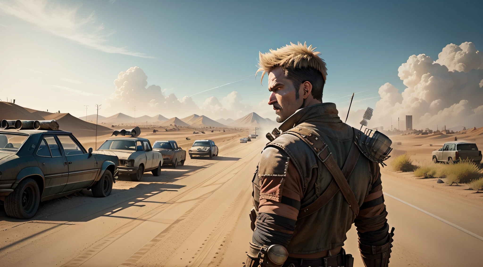 create an image of a road inspired by the movie Mad Max, without any car and in the background, far away, in the background, a post-apocalyptic city in chaos;