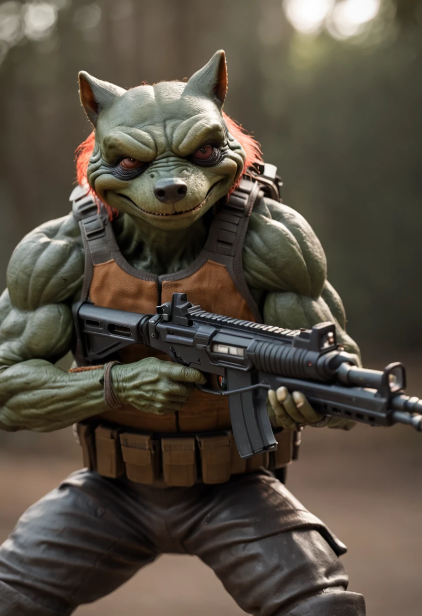 a humanoid creature with the features of a fox and mutant traits similar to those of the Ninja Turtles, Hold a machine gun, Firing big guns to zombie horde around him