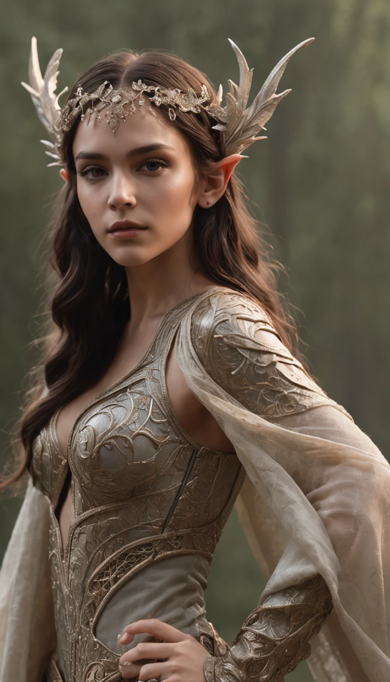 Bela pintura perfeita da Bruna Marquezine como uma guerreira elfa feminina, cabelos longos e disformes, perfect features, (wearing extremely ornate elven armor), beleza abstrata, near perfection, forma pura, dynamic pose, ethereal background, (sombras escuras profundas), (Strong cinematic lighting), (back lighting), arte conceitual por Greg Rutkowski e John William Waterhouse e Alphonse Mucha, detalhes impressionantes, detalhes intrincados, 8K post-production, high resolution, super detalhes, trending on ArtStation, foco nítido, profundidade de campo f/1.8, studio photos, (((Looking at camera))).