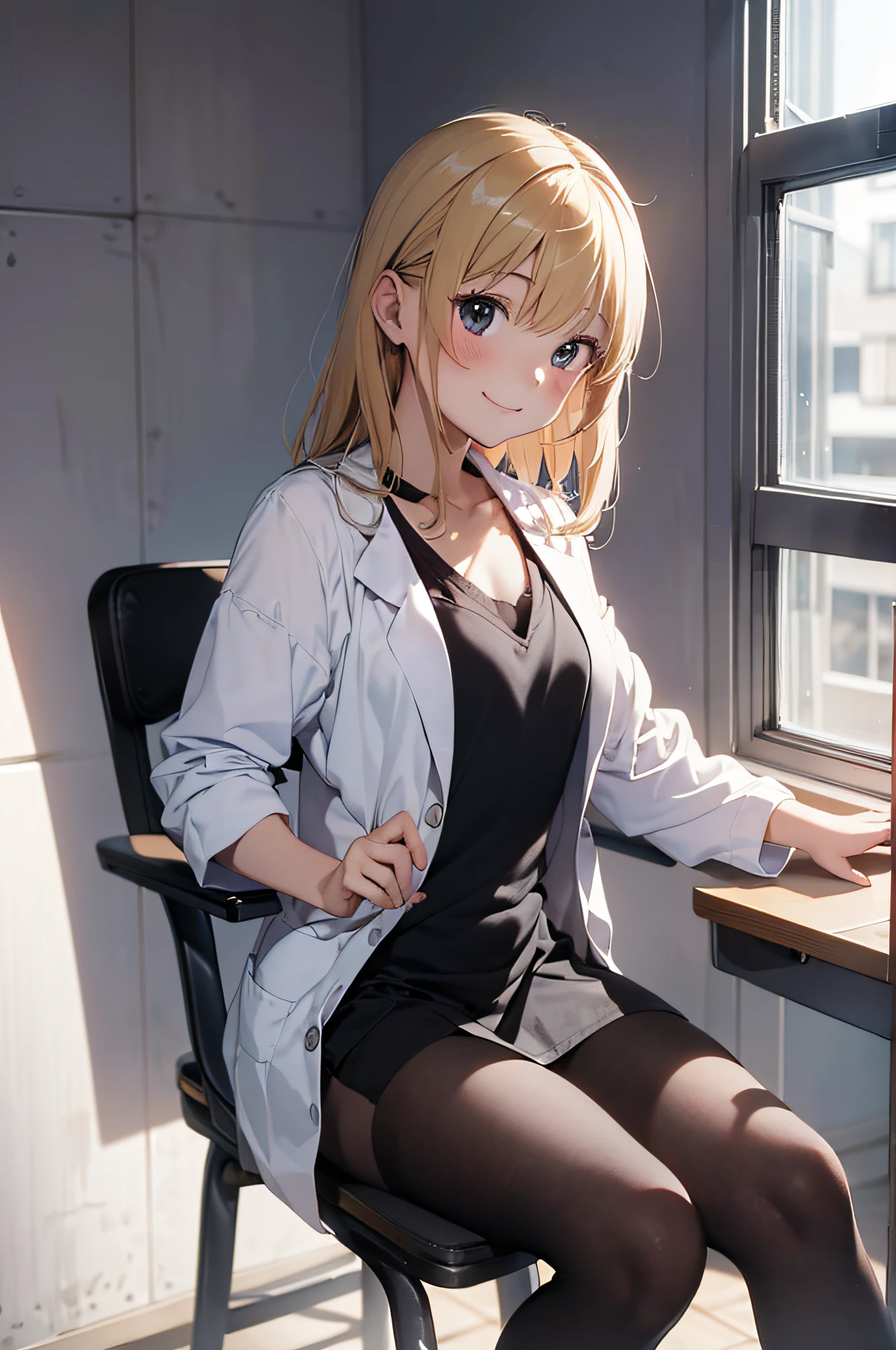 (Naughty Woman:1.3)、(Examination room:1.5)、(tiny chest:1.4)、Blonde hairer、Raw photography, top-quality, hight resolution, (masterpiece), (Photorealsitic:1.4), Anime Cosplay, foco nítido, nffsw, 8K分辨率, intricate detailes, depth of fields, the Extremely Detailed CG Unity 8K Wallpapers, front lit, girl with, Smile、(A slender:1.5)、Wear a revealing lab coat、sit a chair