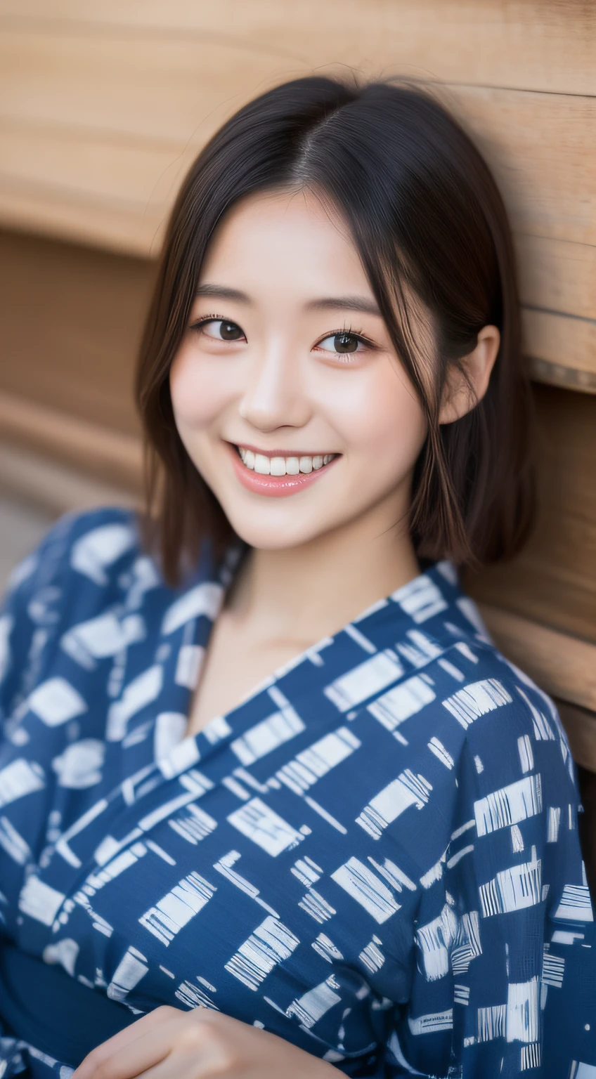 Woman wearing yukata at summer festival、Lying on the ground、a smile、short-cut、One lady、(​masterpiece、top-quality)、crisp image、kawaii、a picture、((20 year old woman:1.ung adorable Japan face、dewy skin、8K
