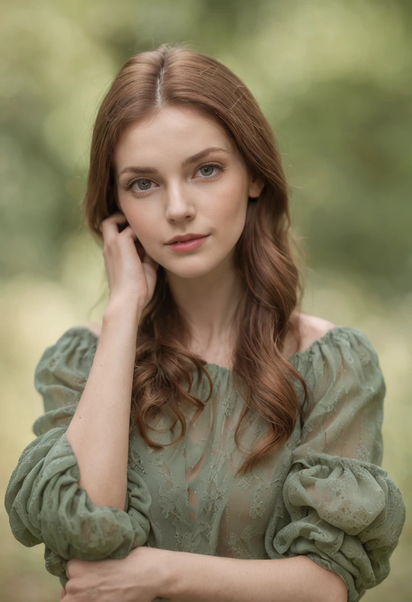 Idyllischer Wald, attraktives Model mit gelbem kurzem Top und passendem Rock und braunem Haar, no visible hands, in attraktiver Pose.