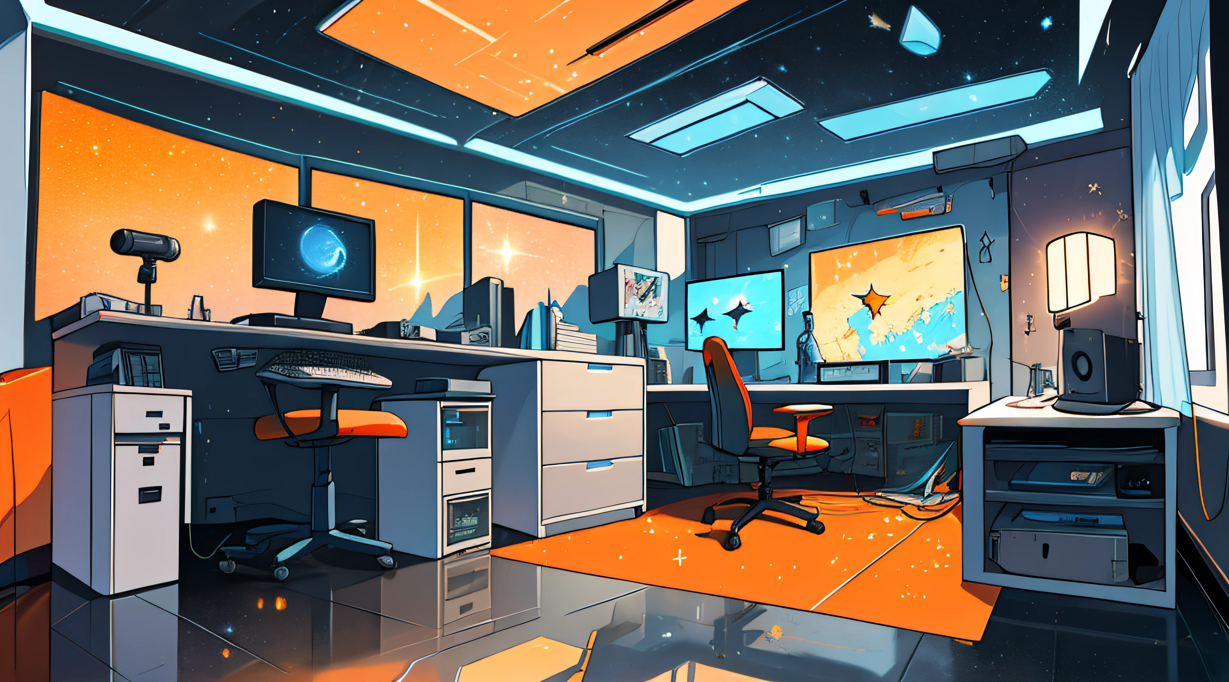 Warm Light Source Cyberpunk Calm Night Tech Bedroom Computer Desk Microphone Light Computer Water Dispenser Small Fluorescent Starry Sky Smooth Floor Fox Minimalism Deconstructivism Fragmentation Gorgeous Sculptures Floor-to-ceiling windows Light Bed Camera Chair Game Interface Warm Orange The environment is dark