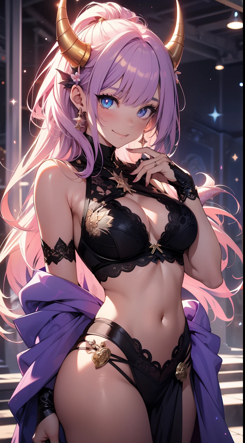 dragon girl, gorgeous, masterpiece, best quality, highres,4k, wallpaper, trace lights,, intricate, detailed,ntimate,embarassed, shy, smilling, BREAK magicle, particle, constelations, stardust, cosmos, ((flower)), cozy peace,peaceful,bra, sensual, horns