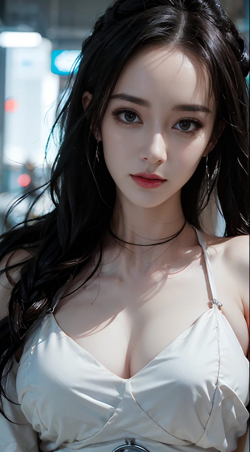 (1girl:1.3), solo, __Body parts__ realistic skin, pale skin, big boobs, official art, unified 8k wallpaper, ultra detail, beauty and aesthetics, beauty, masterpiece, best quality, in cyberpunk city, fantastic atmosphere, calm color palette, peaceful mood, soft shadows, nurse, glamour, huge breasts