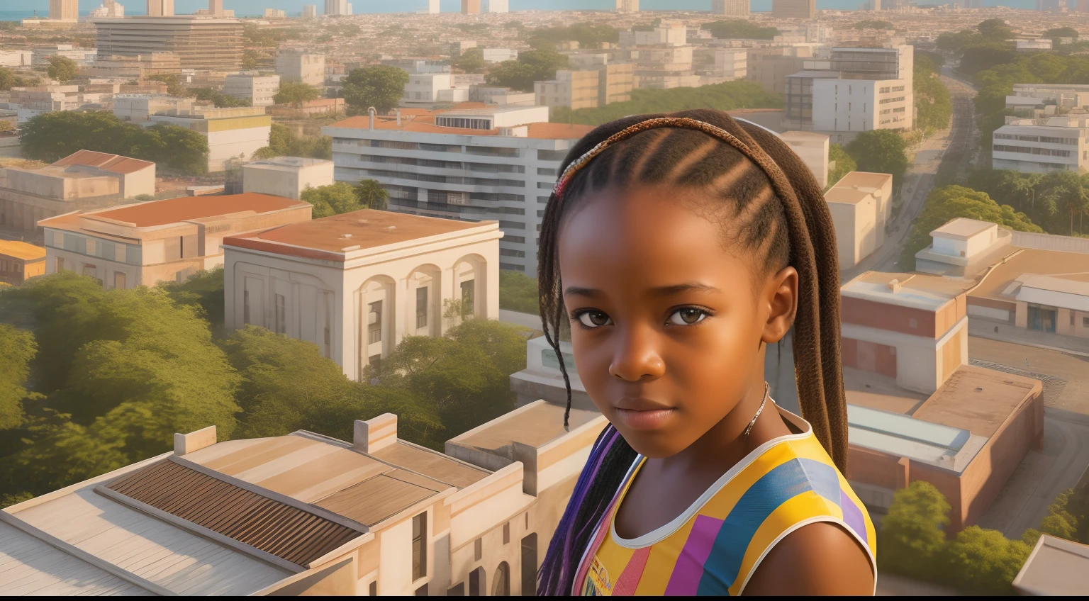 Generate a stunning, hyper-realistic image showing a fascinating -yeld Jacan girl with authentic features, Elegantly positioned against a dynamic and vibrant cityscape.