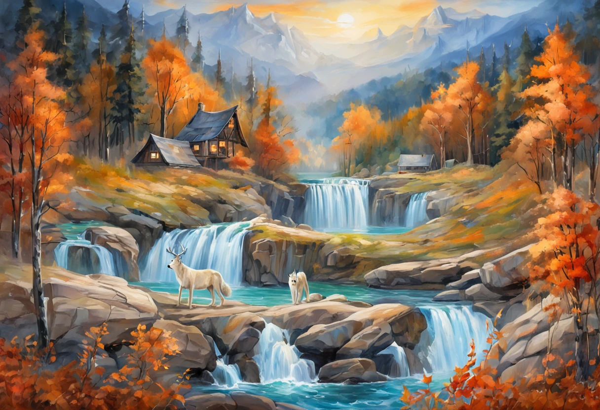 (((oil painting style))), ((top quality)), (masterpiece: 1.5), (8 k CG wallpaper), (forest of endless fantasy, illusion, a white wolf,drinking water from a river, abstract: 1.4),(Masterpiece :1.3),(Fluorescent, complex, surreal, amazing, Incredible, serene, silent),(Top quality),(Ultra-detailed, high-resolution, extremely detailed :1.5), (Exquisite, beautiful, mysterious, complex, surreal :1.4), (Orange, Grey, Blue :1.4), (Sky filled with oil painting stars: 1.4 Stars give off soft, diffuse light: 1.3)),, facing the audience, seen from a distance, an emerald river extending to the horizon behind it,(dreamy, starlight atmosphere: 1.4)), ((1.3), subtle, low-key mood:), (wolves, deer, butterfly, flying in the air: 1.4), (the distance of a huge waterfall) ((1.2) masterpiece:), ((high resolution: 1.5)), (high brightness, high contrast: 1.4), ((1.3) perfect catch light and shadow:), Glitching, glitch, blue theme