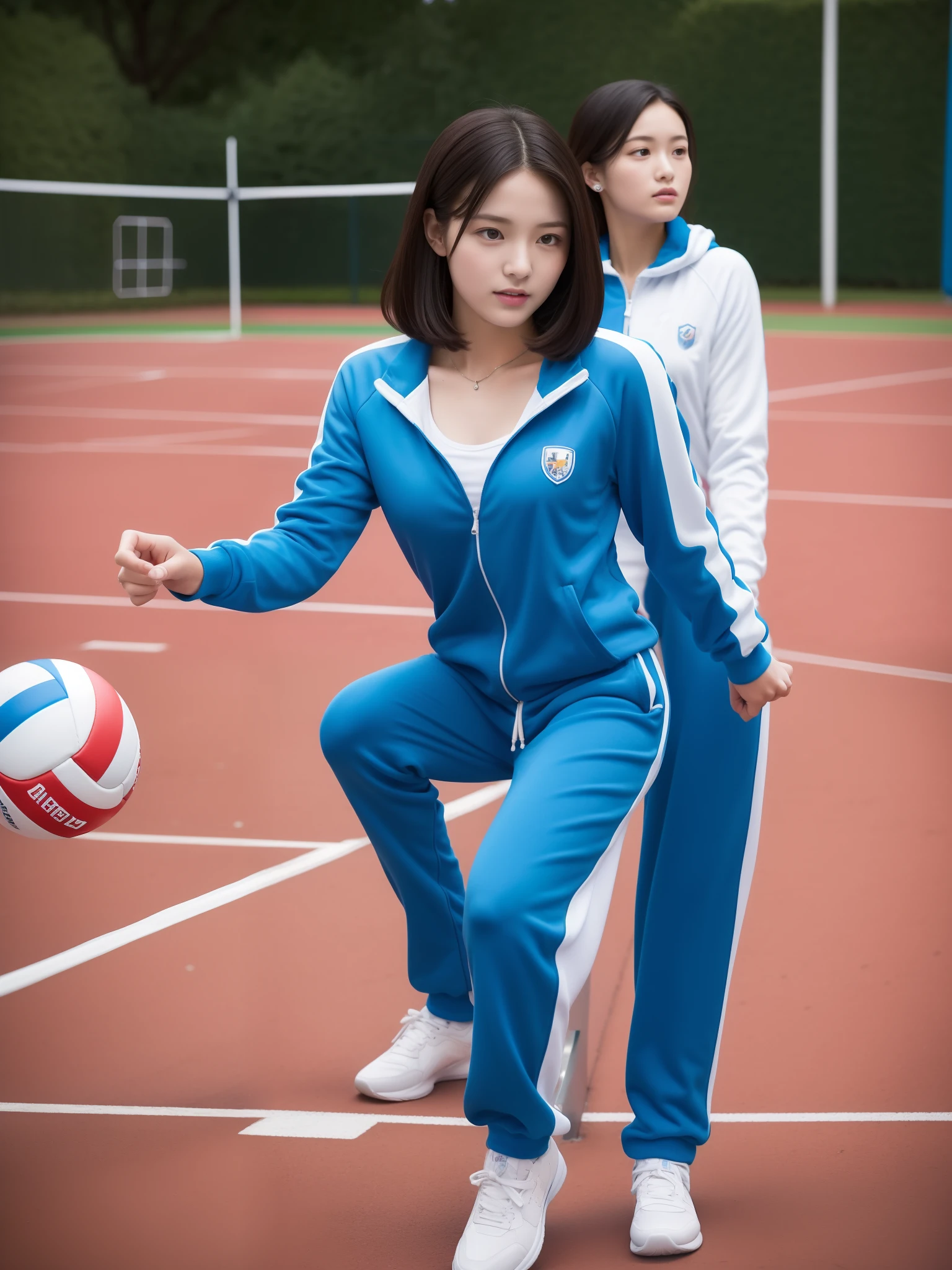 3 girls play basketball at basketball court, Navy blue short-sleeved shirt,Navy Long Trackpant,Sweatpants, Sweatpantsขายาว,25 year old girl, lesbian, sexy, exercise clothes, wet body, exercise clothes
