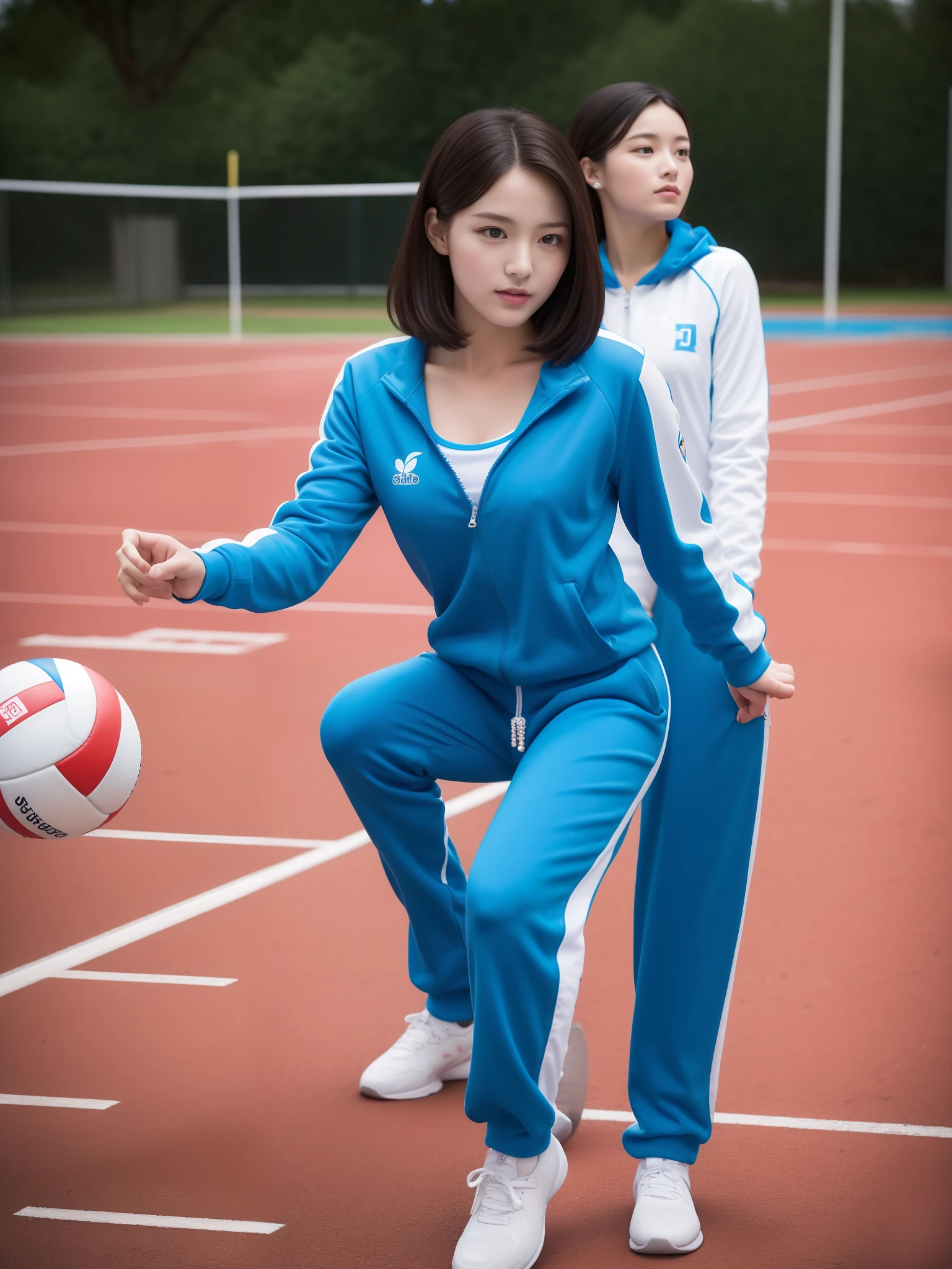 1 very beautiful female high school student,Wear blue and white tracksuits,Play volleyball on the school playground,Super high value,perfect body figure,Beautiful ultra-short hair,Delicate hair,Fair face and skin,There are beads of sweat hanging down,Have fun on the playground,Breasts are full and huge:1.5,Chest hyperexcion,The tracksuit on the chest is high and bulging, Tightness and bulging,Delicate fair and soft toes,detailed finger,Delicate sneakers,fully body photo