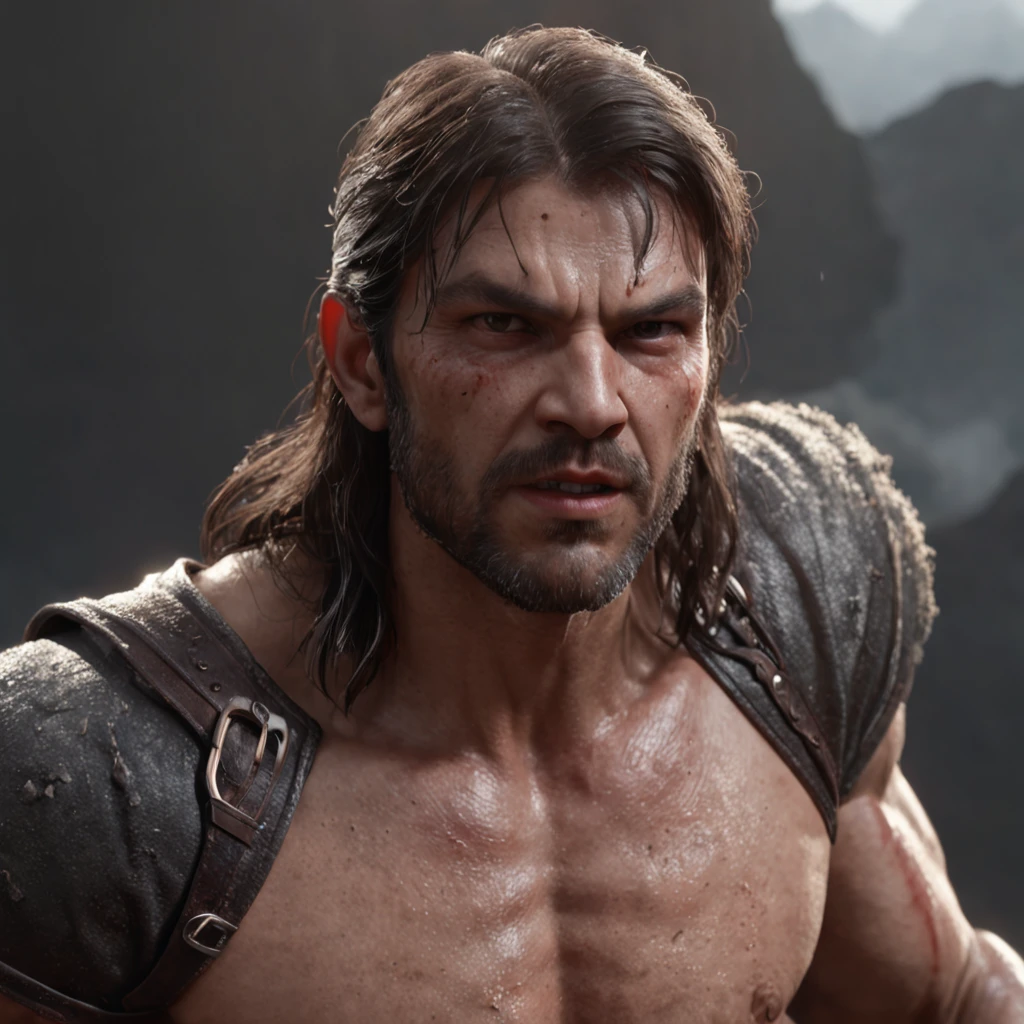 (professional 3d render:1.3) af (Realistic:1.3) most beautiful artwork photo in the world，Features soft and shiny male heroes, ((Epic hero fantasy muscle man rough wet hero angry look long hair short beard and ferocious expression in dynamic pose, Fantastic location, Majestic cluttered environment)), full body 8k unity render, action  shot, skin pore, very dark lighting, heavyshading, Detailed, Detailed face, (vibrant, photograph realistic, Realistic, Dramatic, Dark, Sharp focus, 8K), (Old leather garments damaged by weathering:1.4), ((((Wear fur)))), (Intricate:1.4), decadent, (Highly detailed:1.4), Digital painting, rendering by octane, art  stations, concept-art, smooth, Sharp focus, illustration, Art germ, (loish:0.23), wlop ilya kuvshinov, and greg rutkowski and alphonse mucha gracias, (Global illumination, Studio light, volumettic light), heavy rain, particles floating, lotr, fantasy, elf, full bodyesbian, ((Dark and ancient city background:1.3)),CGSesociety,art  stations