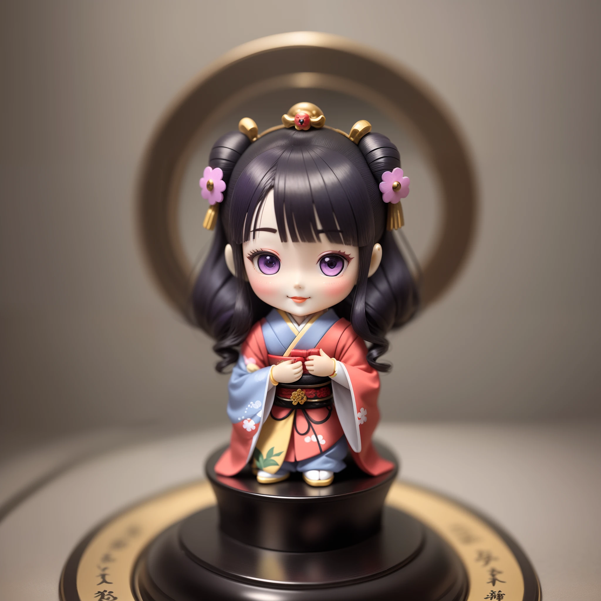 A small anime doll, Depiction of geisha, Inside the blind box, Place on a small pedestal, On a clean white background, Artificial light lighting. The artwork is of top-notch photographic quality, Capture every intricate detail of anime dolls.purpleish color，ssmile