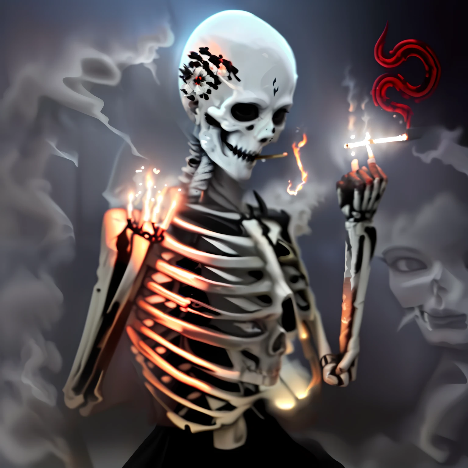 skeleton smoking a cigarette with a cigarette in hand, um esqueleto fumando um charuto, esqueletos fumando charutos, Joints, com fumos fantasmas escuros ao redor, esqueleto bonito, Esqueleto, corpo fumante, Skelleton, death is split in two with smoke, Fuma, ((skull)), tabagismo, bone joints, fleshy skeletal, arte de raio-x, ( ( ( Esqueleto ) ) )