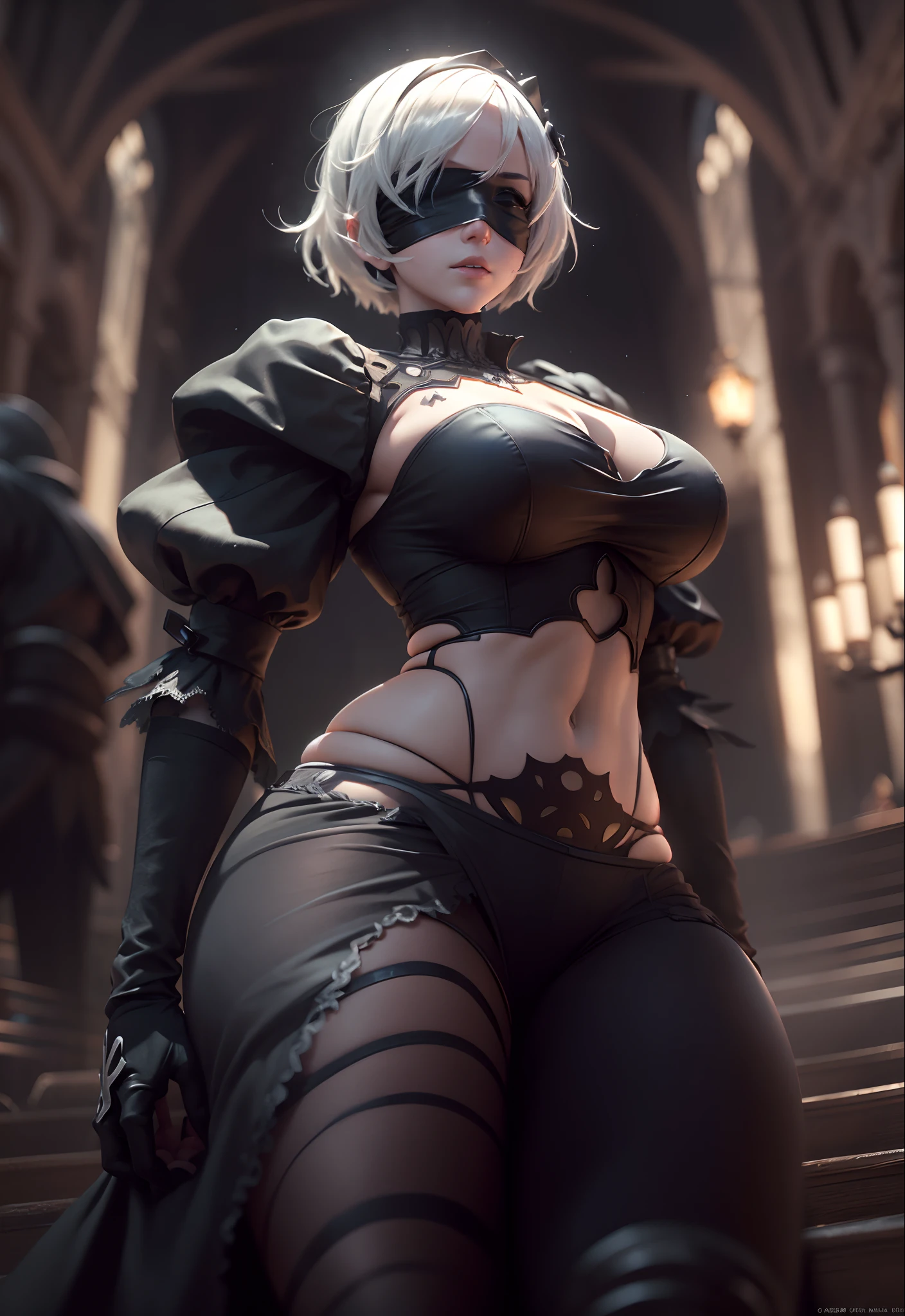 (Masterpiece, nier automata 2B with black blindfold on. Her back is facing the lens 1.5) (Best Quality, cinematic lighting: 1.5), Perfect Eyes, Perfect Face, Volumetric Lighting, sunlit atmosphere cinematic presentation,slight frills, Black Stockings, Seductive, background is a romantic nighttime cathedral setting, Super Close Shot, Very accentuated hourglass figure, (Inner Flesh: 0.5), (Nipple Protrusion: 0.5) akin is greasy. Goose bumps