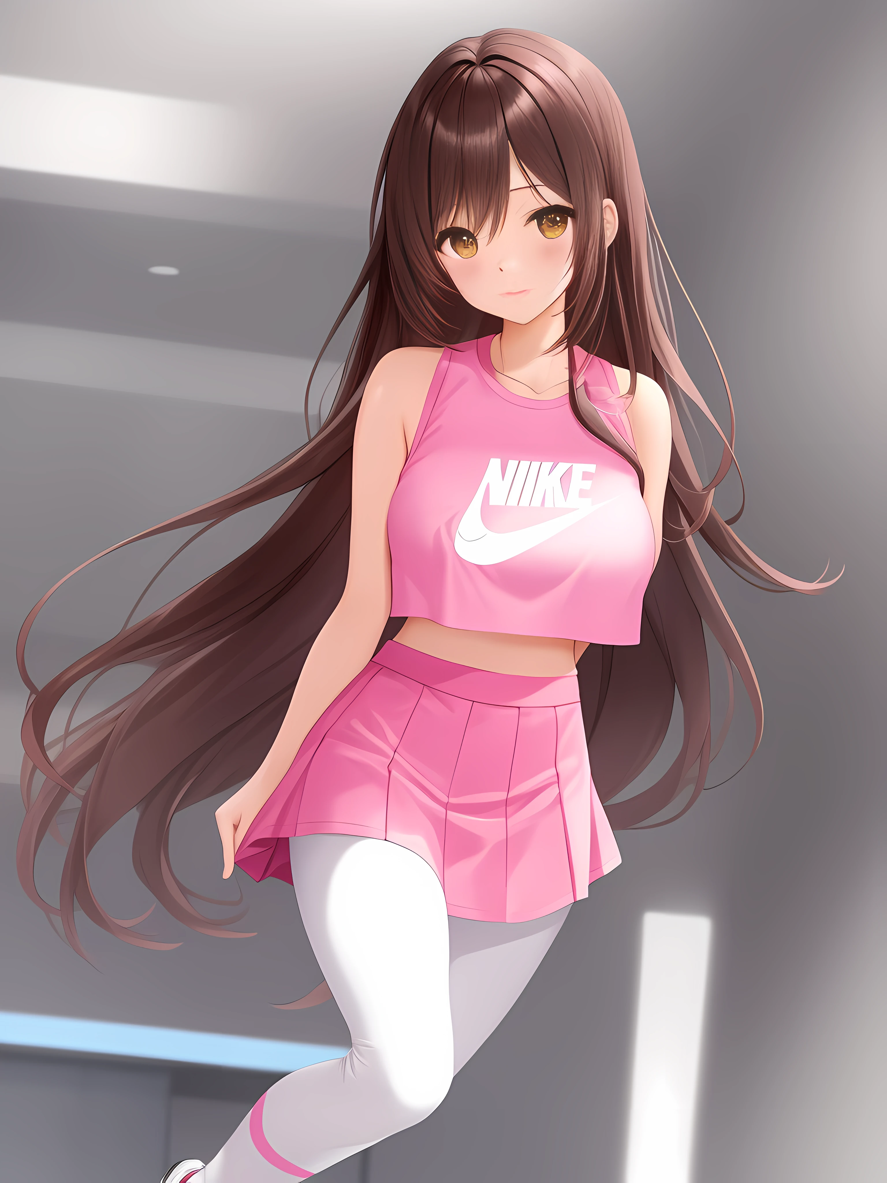 shoulder length messy brown hair, wearing a pink crop top and pink mini skirt with white knee-high leggings and Nike sneakers, long athletic legs, on a basketball court, happy, Beautiful anime style school girl, clean detailed face, intricate clothing, analogous colours, glowing shadows, beautiful gradient, depth of field, clean image, high quality, high detail, high definition, Luminous Studio graphics engine, cute face, big breast, slim waist, nice hips,