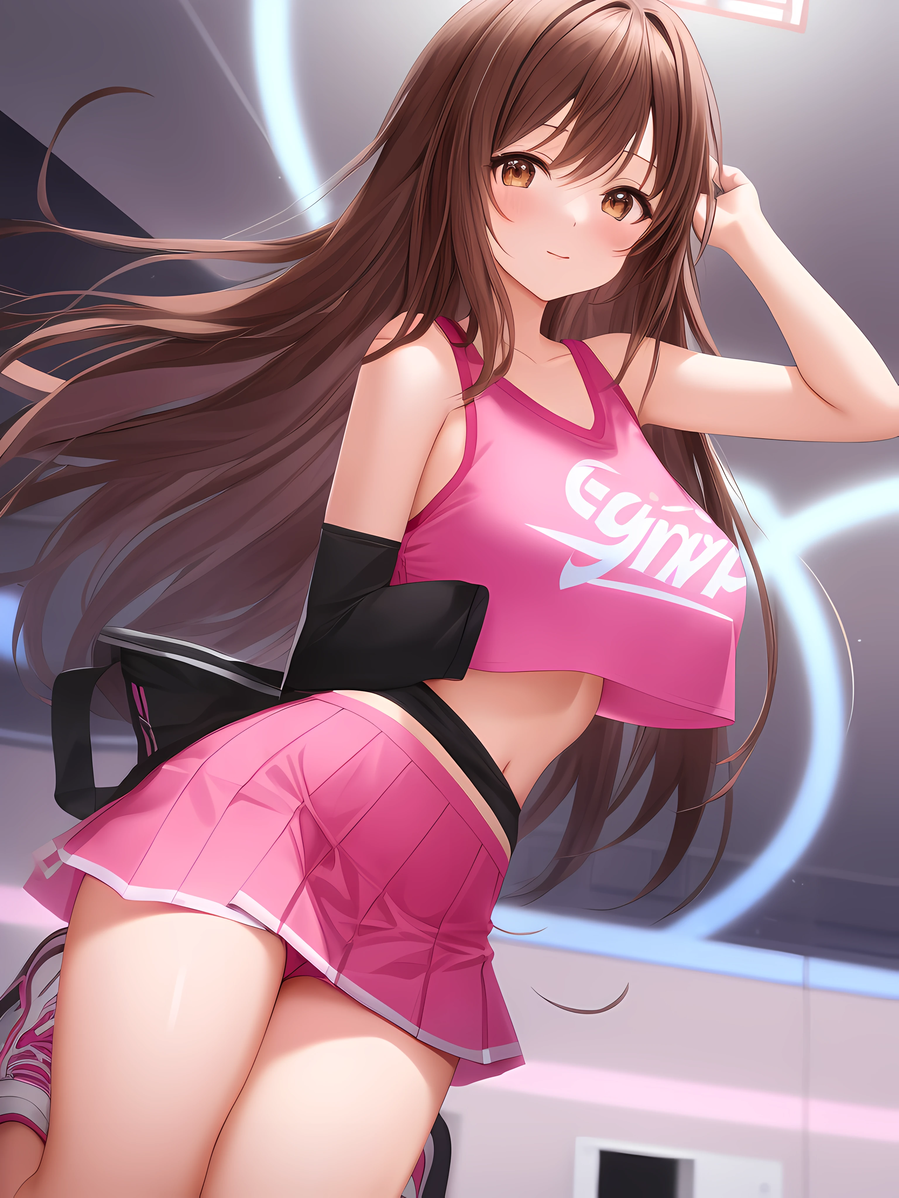 shoulder length messy brown hair, wearing a pink crop top and pink mini skirt with white knee-high leggings and Nike sneakers, long athletic legs, on a basketball court, happy, Beautiful anime style school girl, clean detailed face, intricate clothing, analogous colours, glowing shadows, beautiful gradient, depth of field, clean image, high quality, high detail, high definition, Luminous Studio graphics engine, cute face, big breast, slim waist, nice hips,