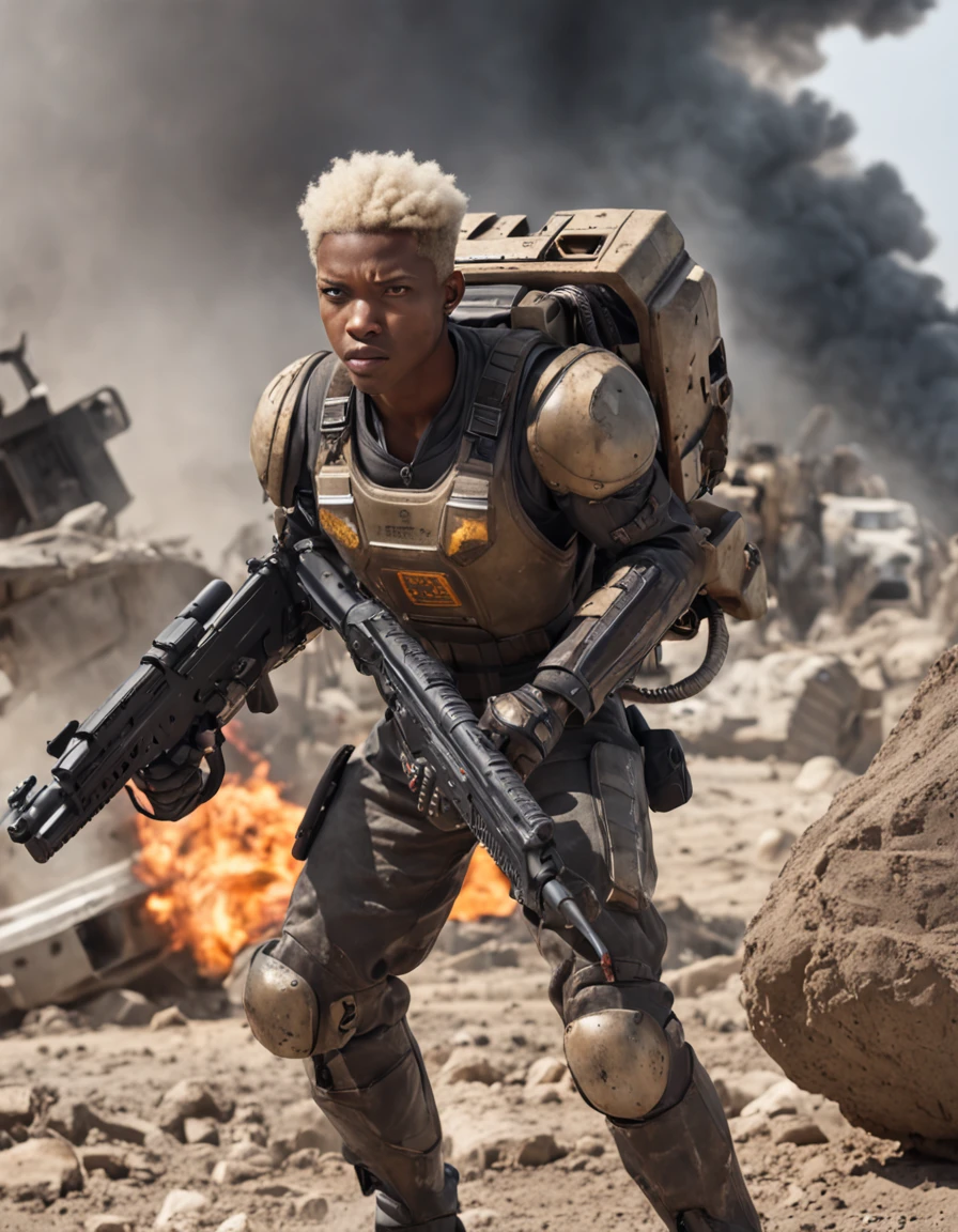 REALISTIC ANIME STYLE, JAPANESE ANIME, REAL ANIME, RAGE UNLEASHED, ANGRY, african american man cyborg soldier with chainsaw, BLONDE SHORT KINKY HAIR, glowing YELLOW eyes, CHAINSAW, heavy mecha armor, cybernetic, cyberpunk LUMBERJACK SHIRT, on planet venus, wasteland, apocalypse, barren venus planet, cinematic, volume lighting
