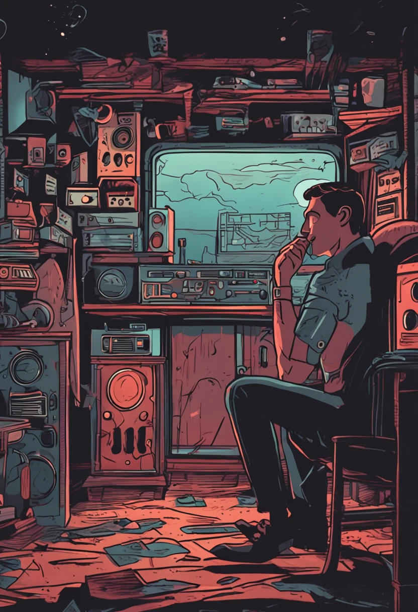 A young man listens to a 2D illustration of an old radio in his room，With a dark and creepy atmosphere。