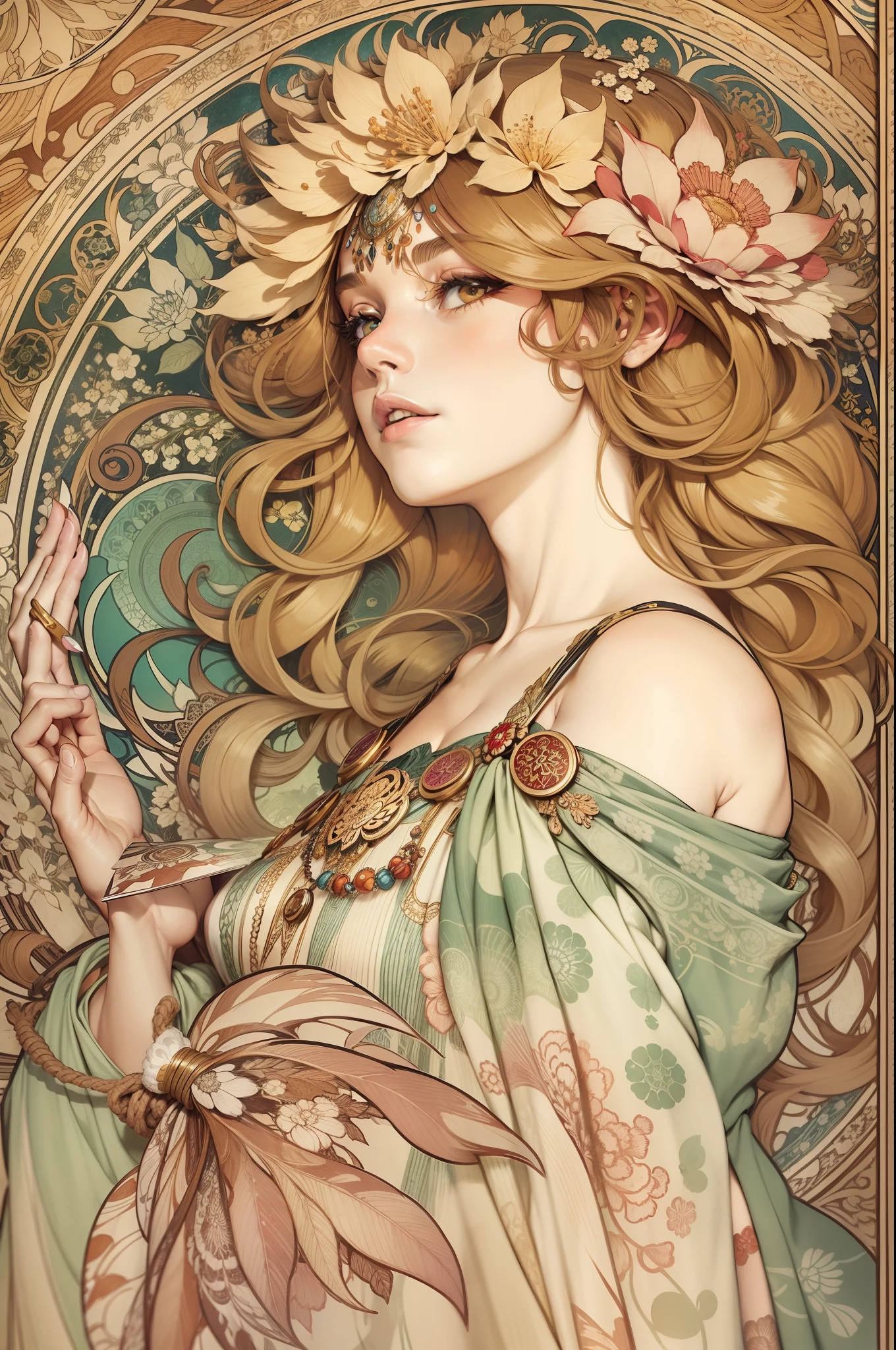 Alphonse Mucha ,(masterpiece,best quality),(high-res,detailed),(poster),flat shading:1.4,detailed body,(detailed face),
blonde hair,Botanical art,Floral art,big tits,bare shoulders,open cross:1.5,long eyelashes:1.5,small face:1.5,