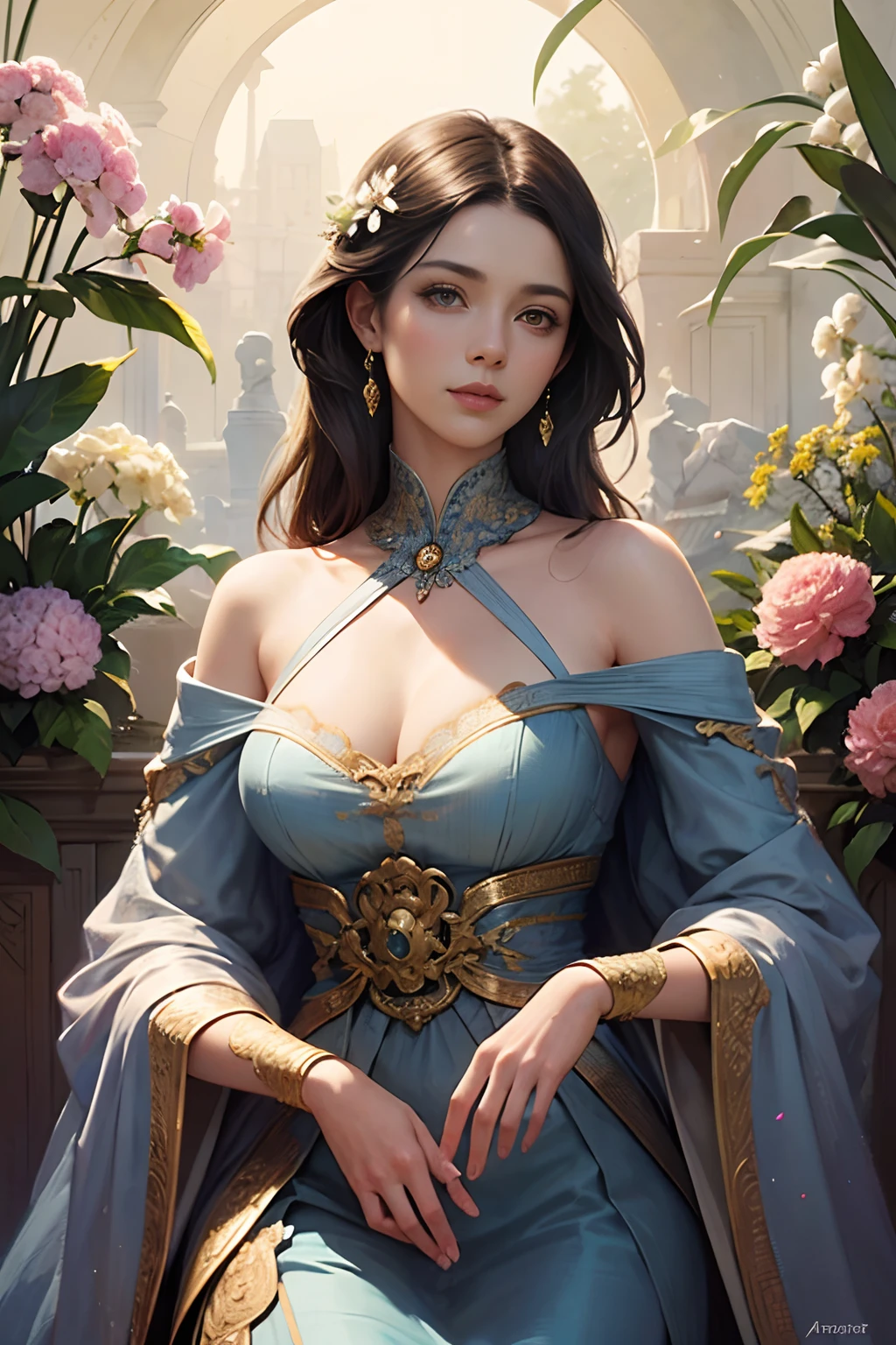 Portuguese tile art of the 18th century, Draw beautiful flowers, twists, elegant, Highly detailed, concept-art, slalom, art by artgerm and greg rutkowski and alphonse mucha, Irridescent color, flower