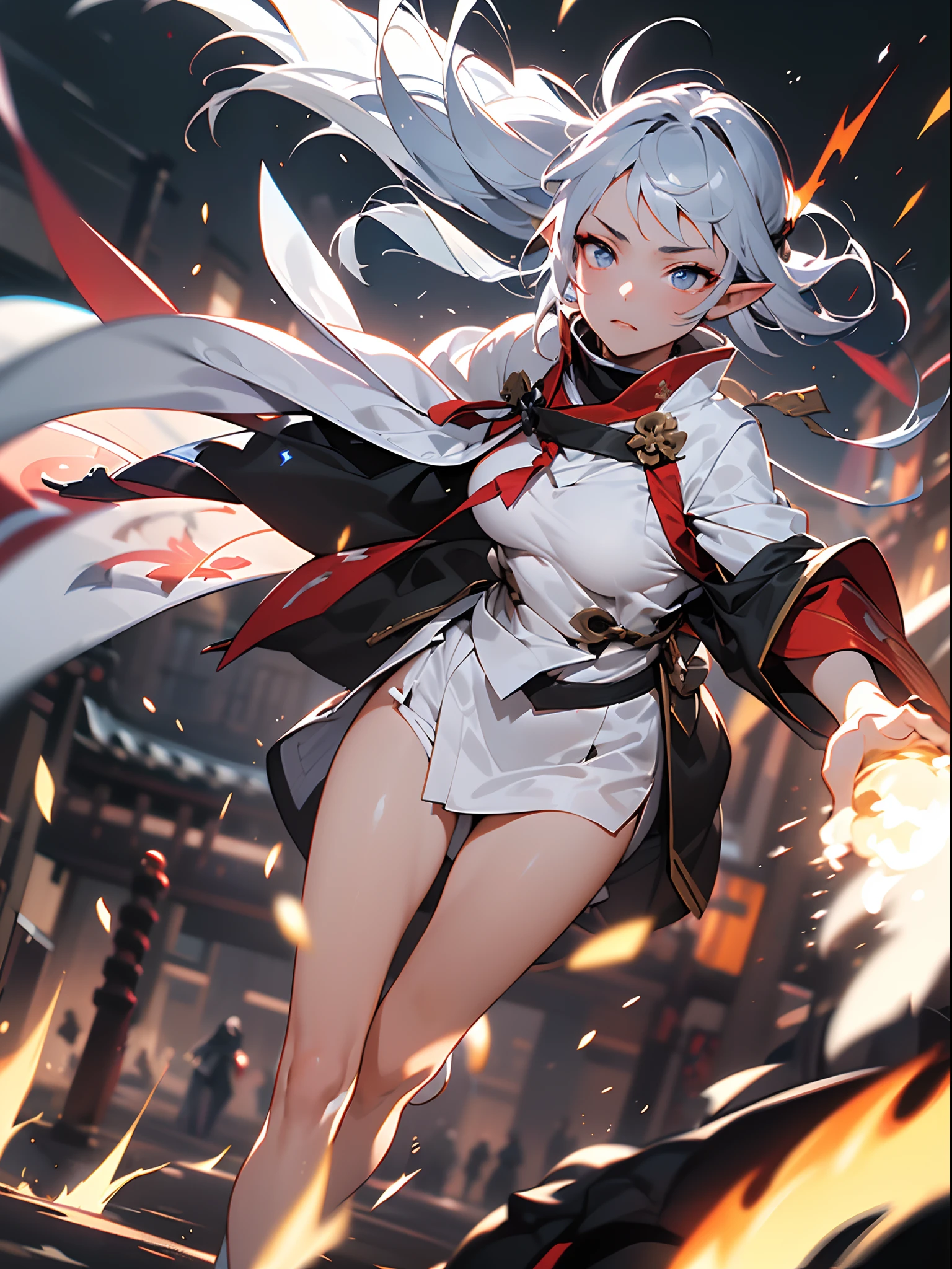 ((jpn)),((Best Quality)),((Beautifully painted)),((hight resolution)),1girl in,Beautiful Elf Girl,(((onmyouji))),((suikan)),White cloak,Bushy silver-haired ponytail,nice hand, Perfect hands,armor,((Fight with black demon monsters in the streets of Tokyo at night)),((Elf girl draws dazzling lines of light with her fingertips)),((Explosive flames flying violently)),(face forcus),((((motion blur)))),(((dynamic angles))),((cinematic lighting))