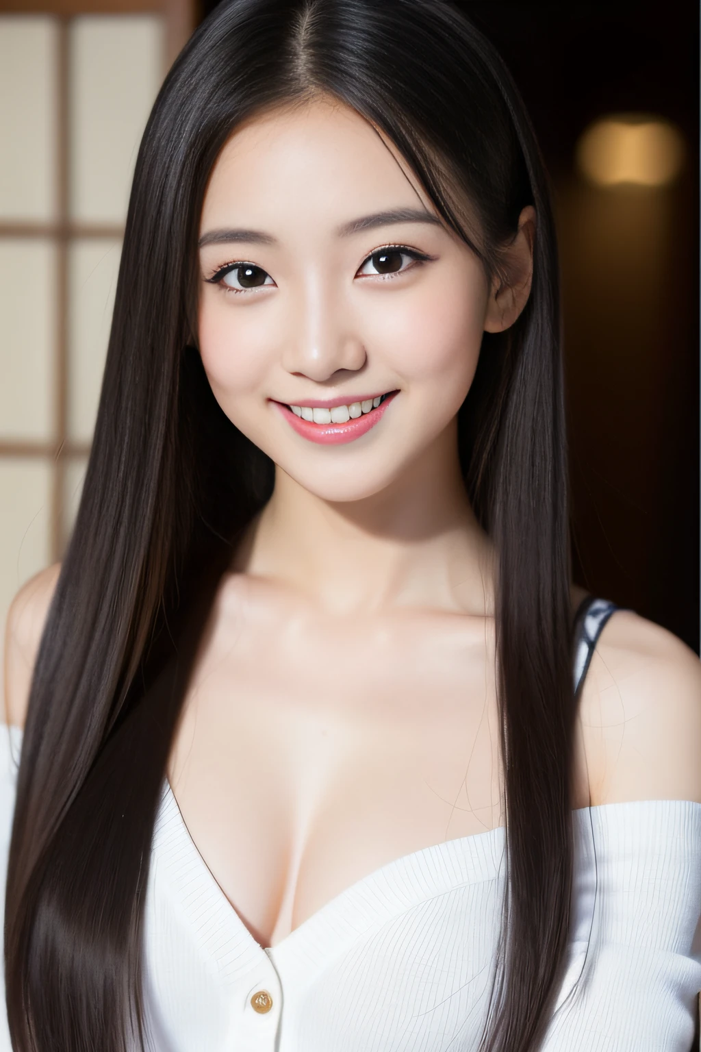 The best smile、masterpiece、Japan Idol Actress、22year old、Model-grade style、Clear black eyes、studio shoot、Express me as a bare、
