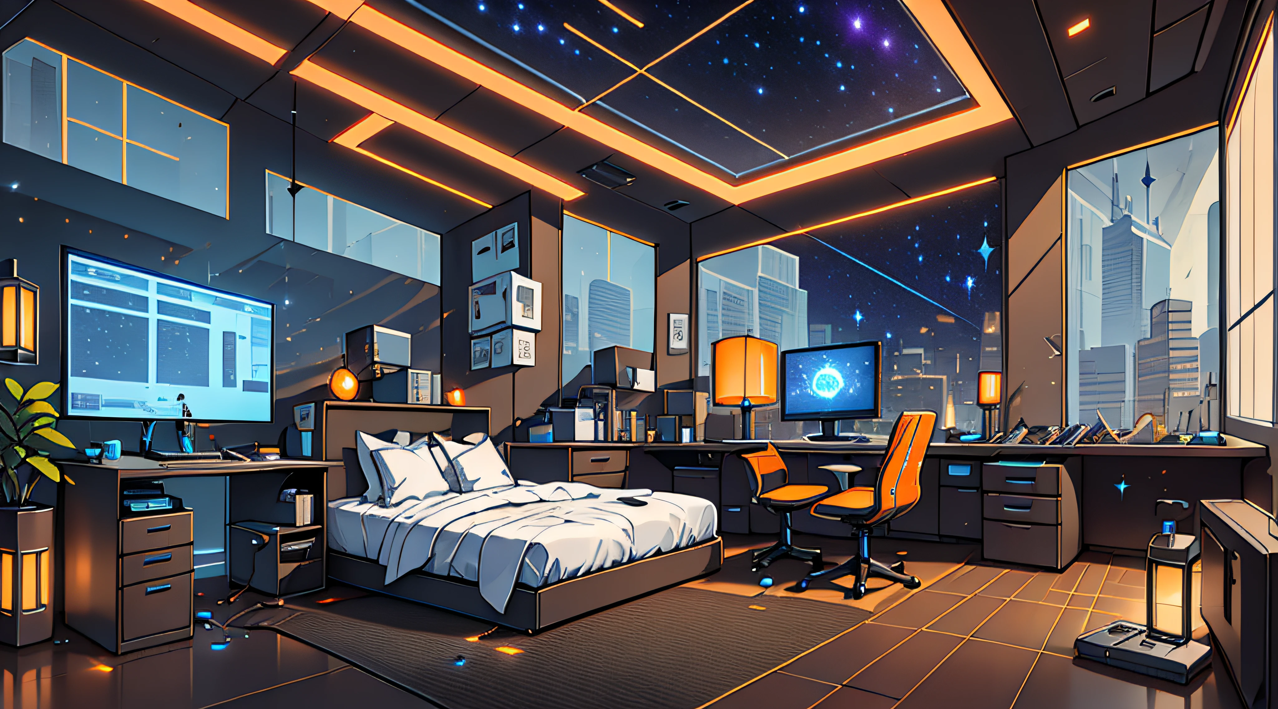 Warm Light Source Cyberpunk Calm Night Tech Bedroom Computer Desk Microphone Light Computer Water Dispenser Small Fluorescent Starry Sky Smooth Floor Fox Deconstructivism Fragmentation Gorgeous Sculpture Floor-to-ceiling windows Light Bed Camera Chair Game Interface Warm Orange Dark Environment Ambilight
